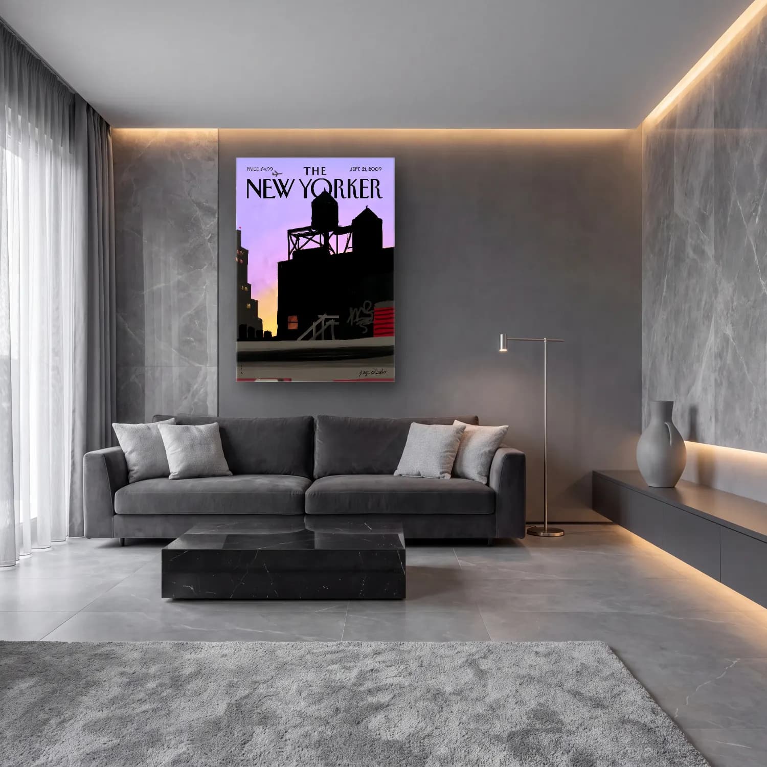 Modern Soyut New York Silüeti cam tablo — lüks salon duvarında