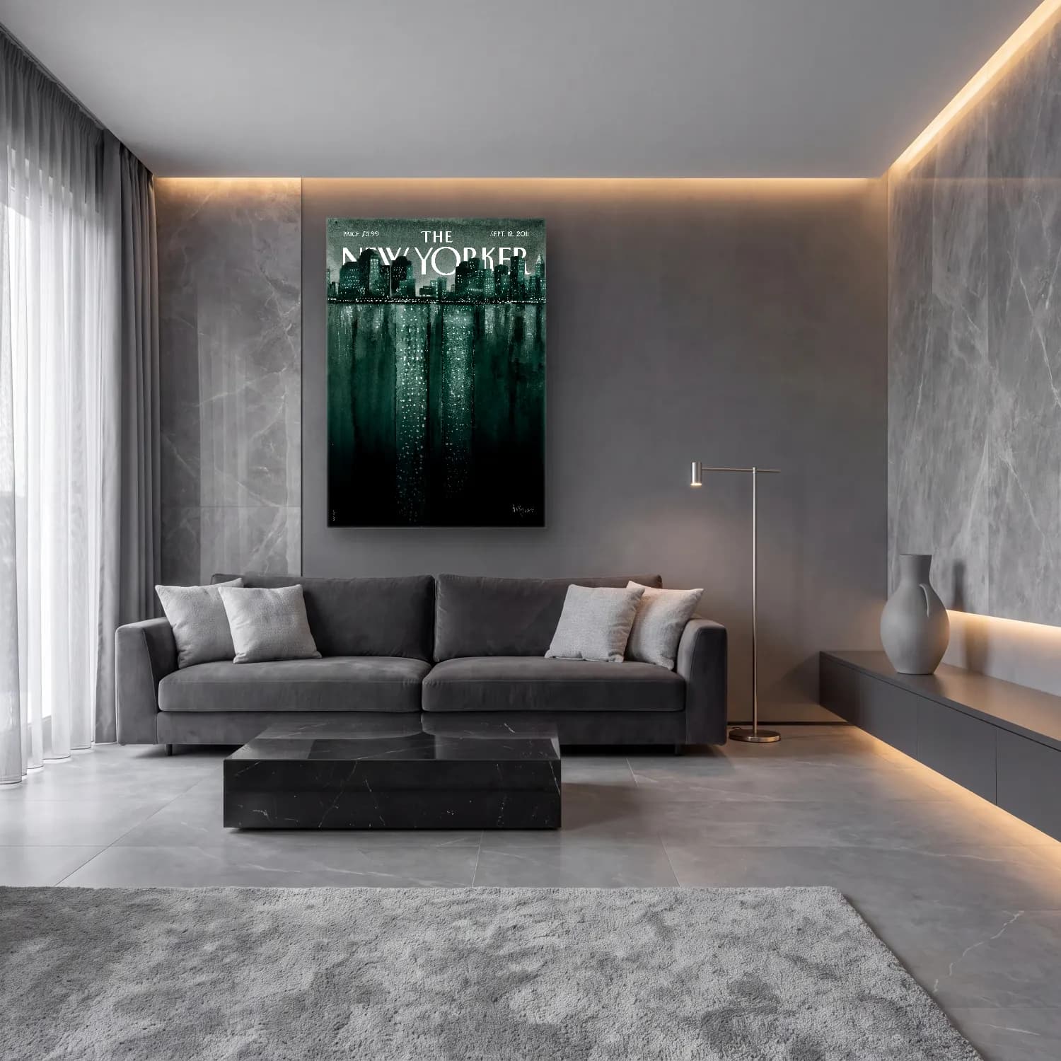 Suluboya Gece Şehir – Siyah Beyaz Tonlar cam tablo — lüks salon duvarında