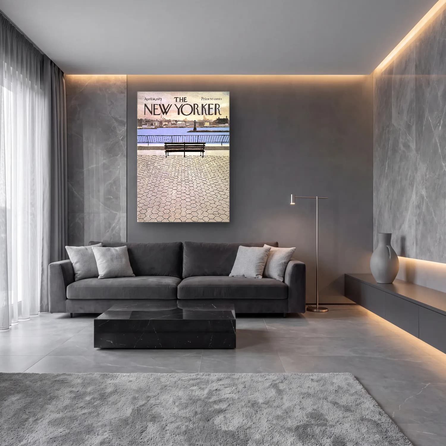 Vintage Poster New York Silüeti – Siyah Beyaz Tonlar cam tablo — lüks salon duvarında