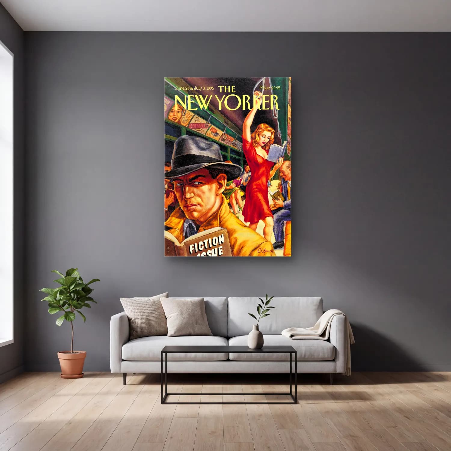 Vintage Poster Kalabalık Cadde – Kırmızı Tonlar cam tablo — gri duvarlı salonda