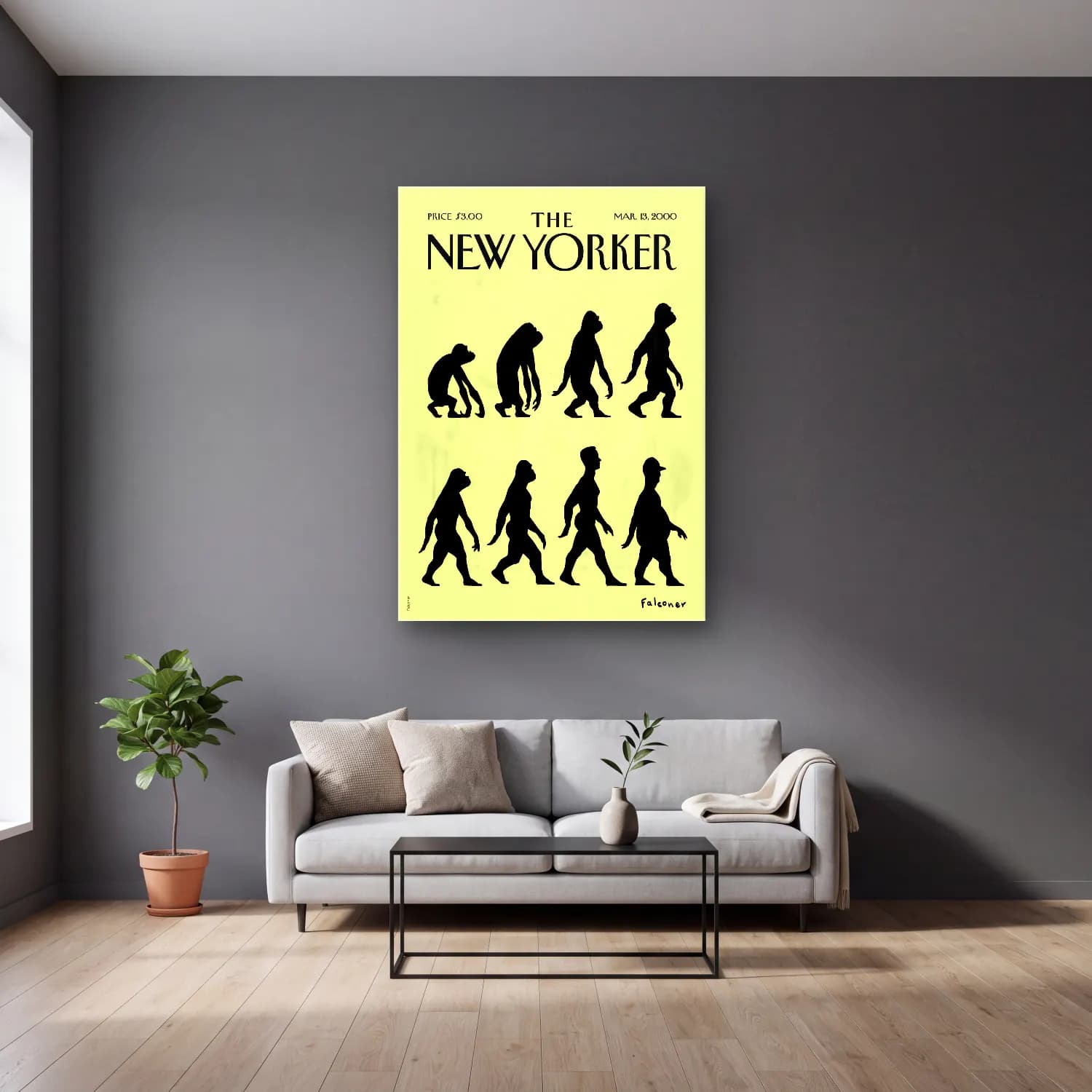 Vintage Poster Maymun cam tablo — gri duvarlı salonda