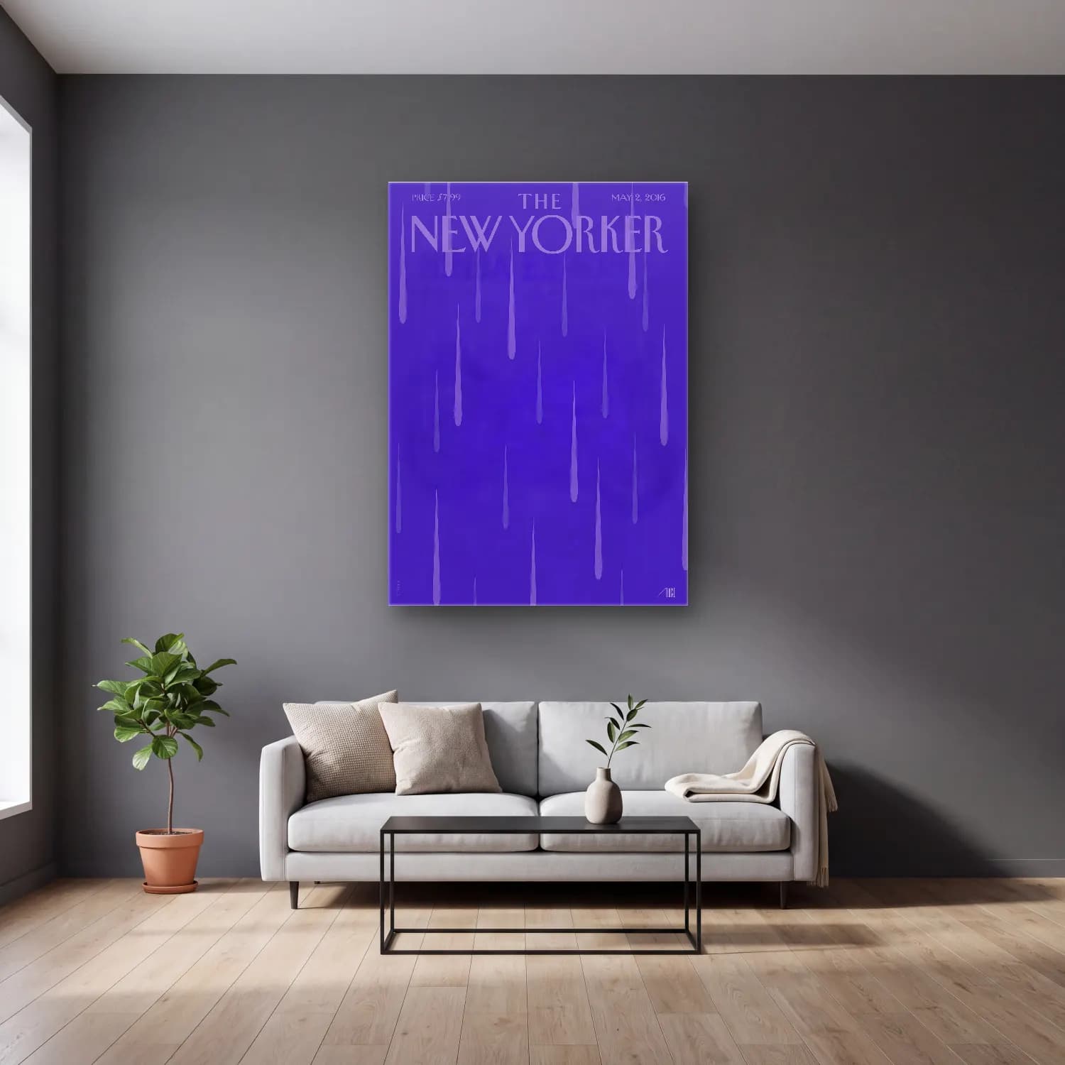 Vintage Poster New York Silüeti No. 6 cam tablo — gri duvarlı salonda