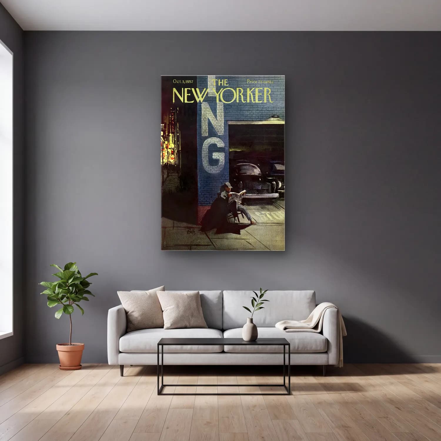 Vintage Poster Gece Şehir No. 5 cam tablo — gri duvarlı salonda