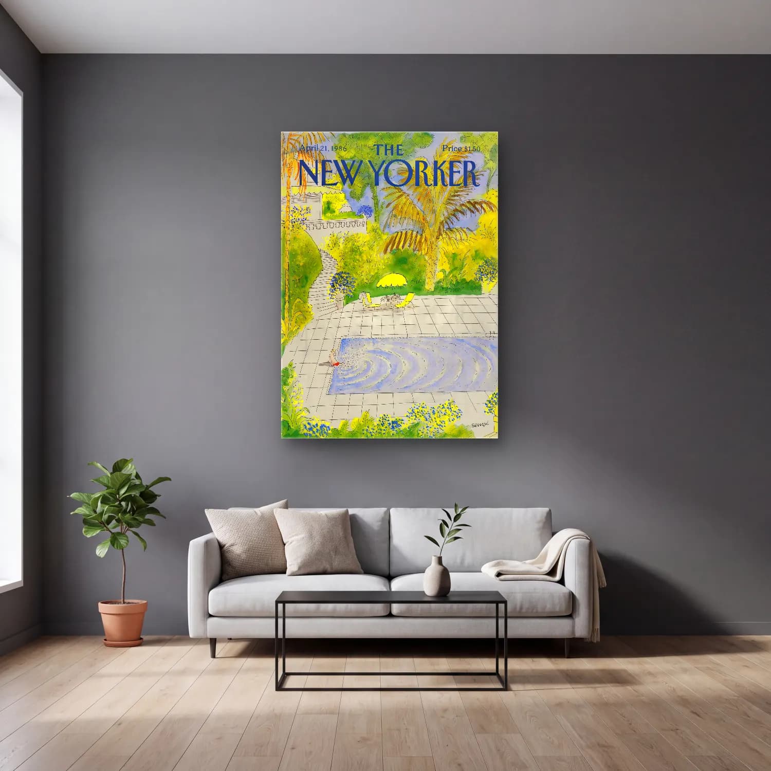 Vintage Poster Plaj Şemsiyeleri cam tablo — gri duvarlı salonda