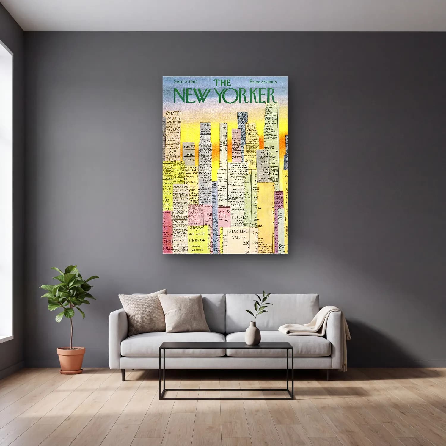 Vintage Poster New York Silüeti – Sarı Tonlar cam tablo — gri duvarlı salonda