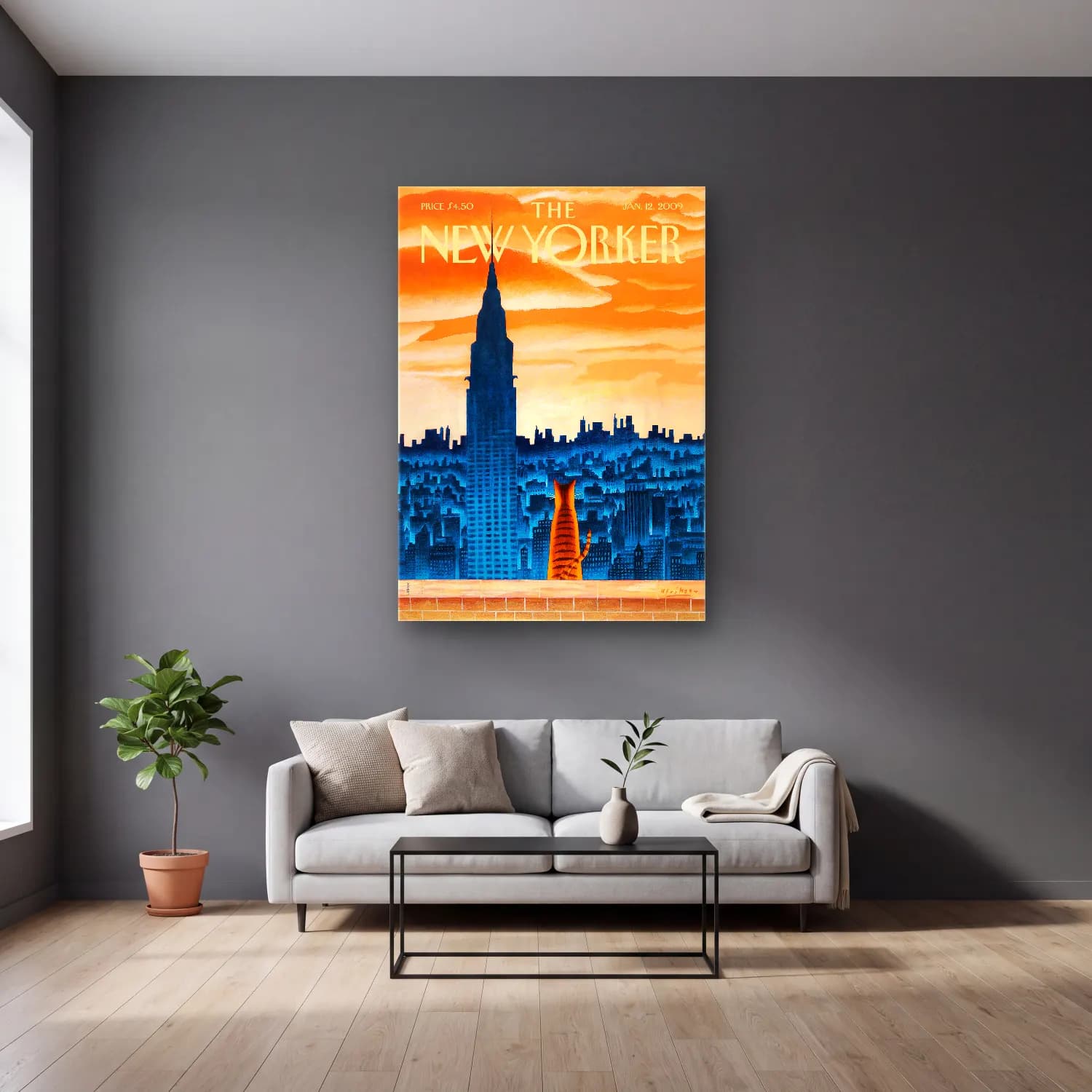 Vintage Poster New York Silüeti – Turuncu Tonlar cam tablo — gri duvarlı salonda