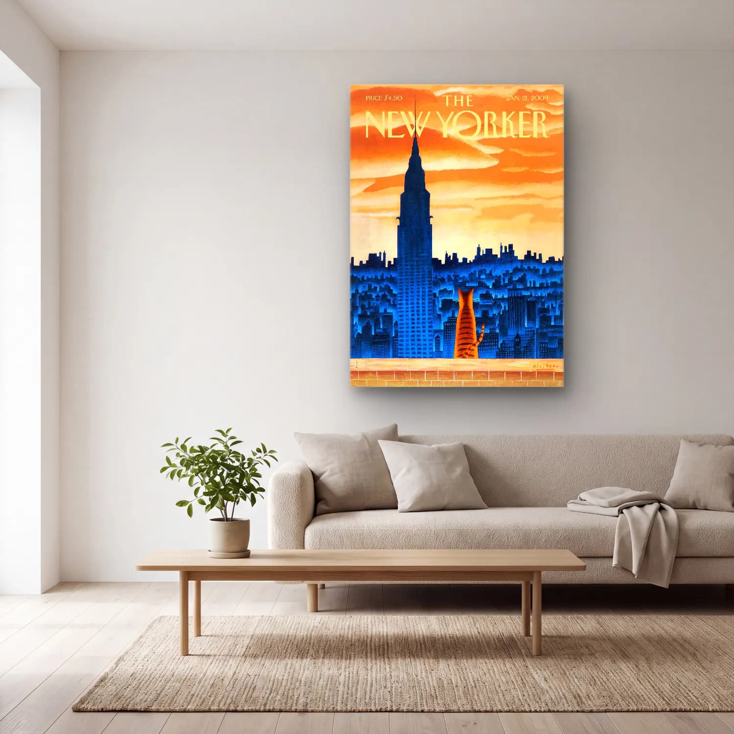 Vintage Poster New York Silüeti – Turuncu Tonlar cam tablo — açık renk salonda