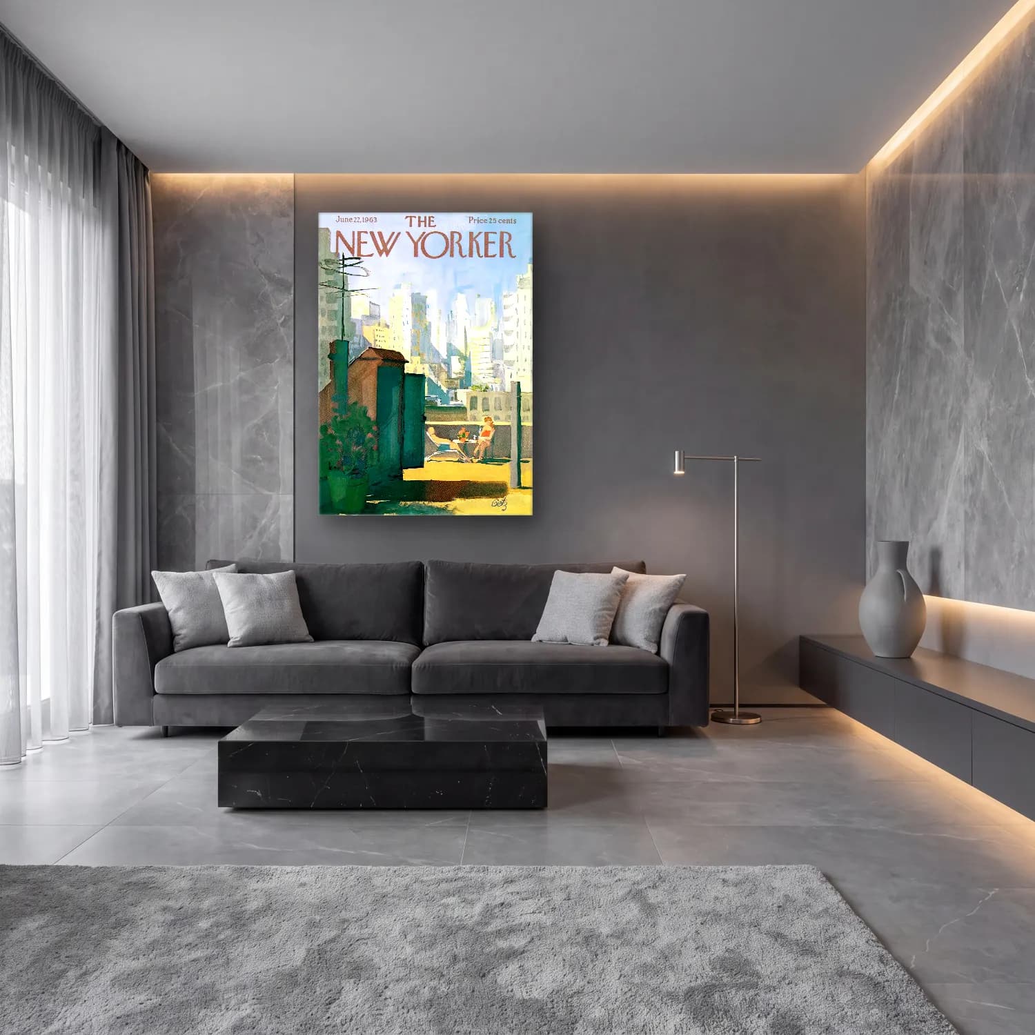 Suluboya New York Silüeti – Pastel Tonlar cam tablo — lüks salon duvarında