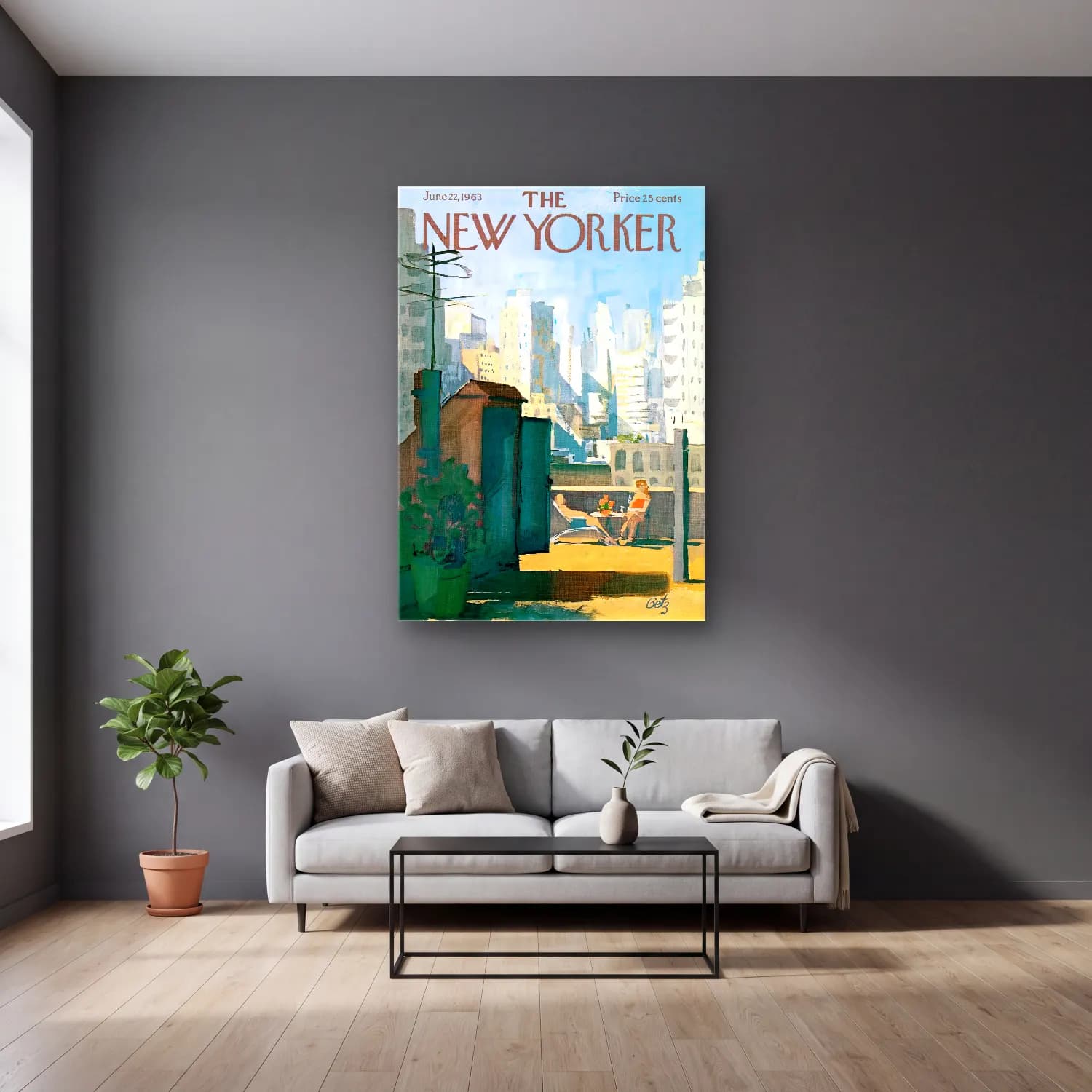 Suluboya New York Silüeti – Pastel Tonlar cam tablo — gri duvarlı salonda
