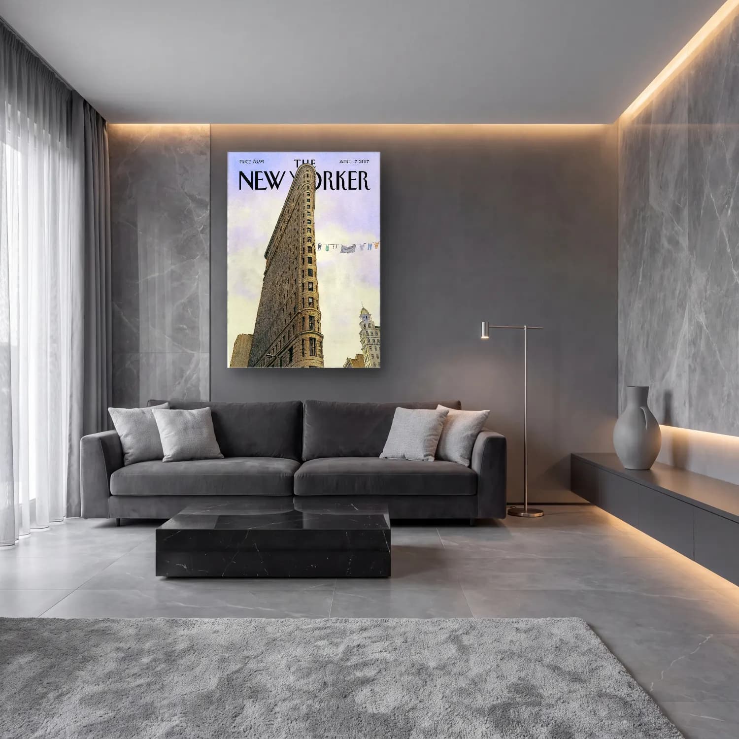 Suluboya New York Silüeti No. 4 cam tablo — lüks salon duvarında