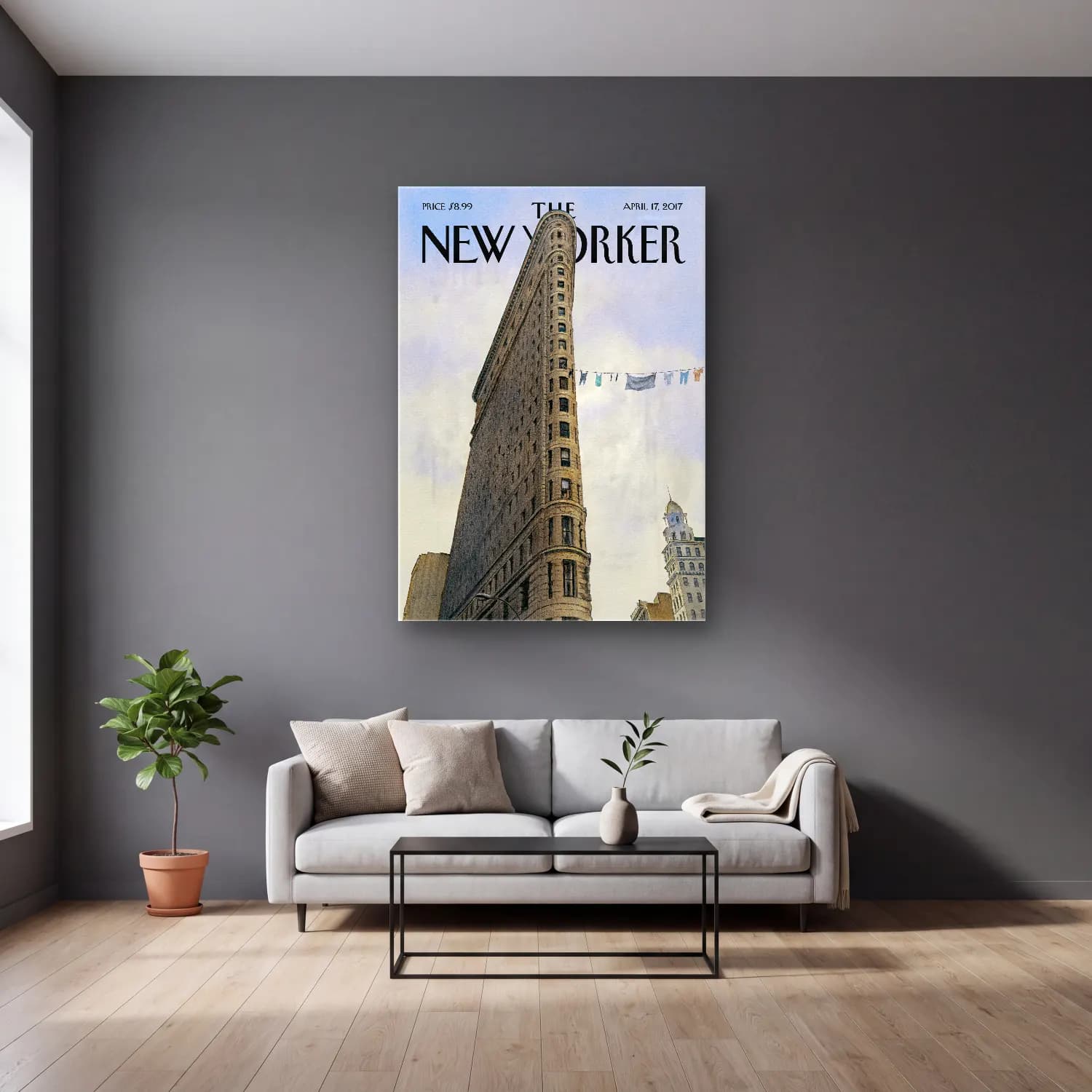Suluboya New York Silüeti No. 4 cam tablo — gri duvarlı salonda