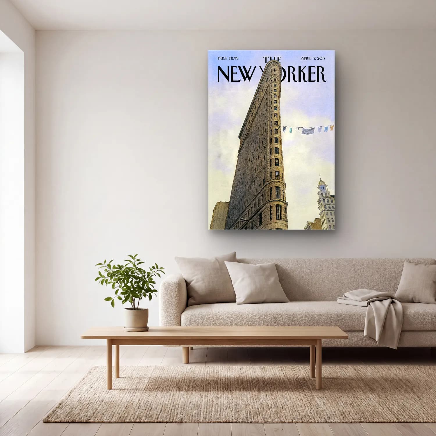 Suluboya New York Silüeti No. 4 cam tablo — açık renk salonda