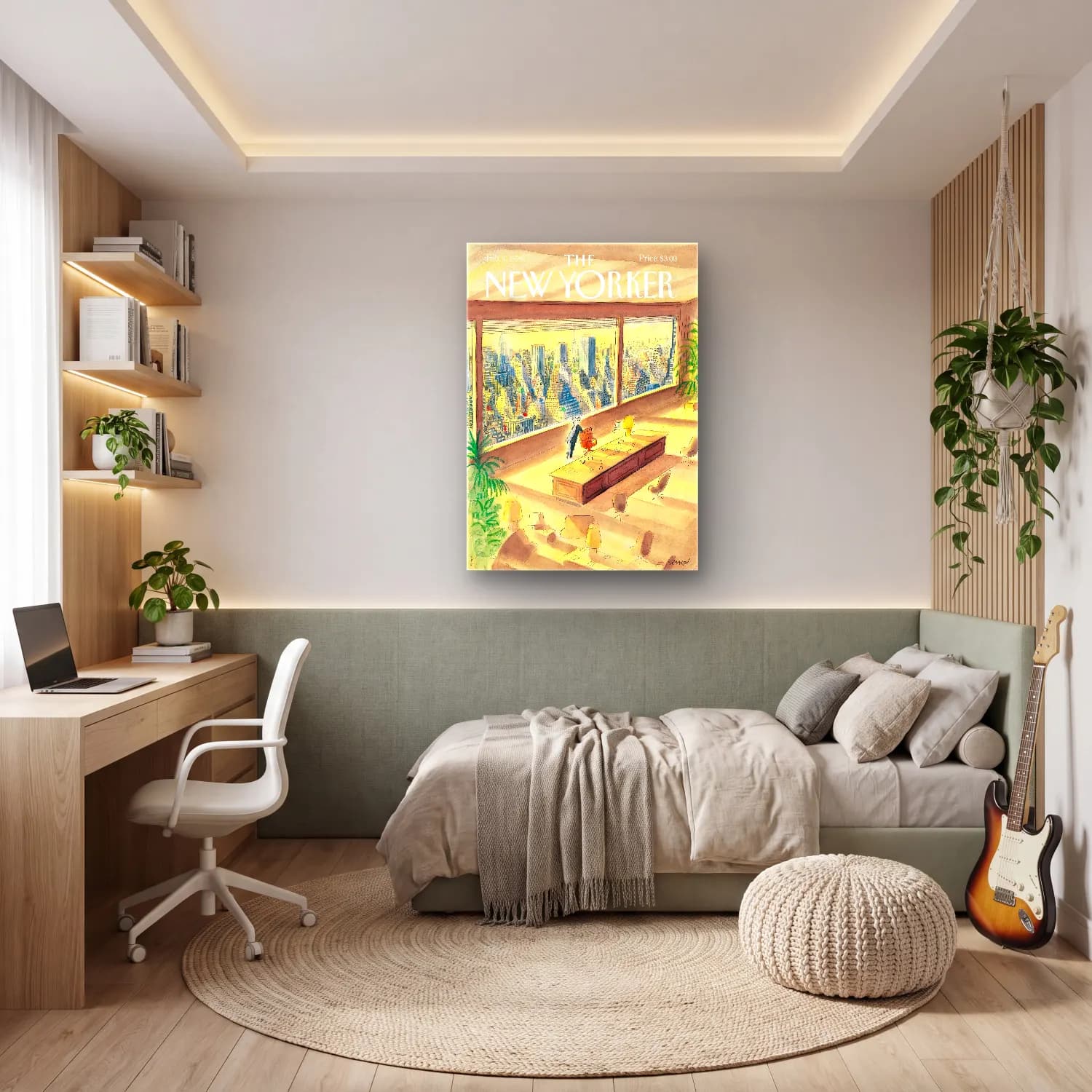 Suluboya New York Silüeti – Sarı Tonlar cam tablo — genç odasında