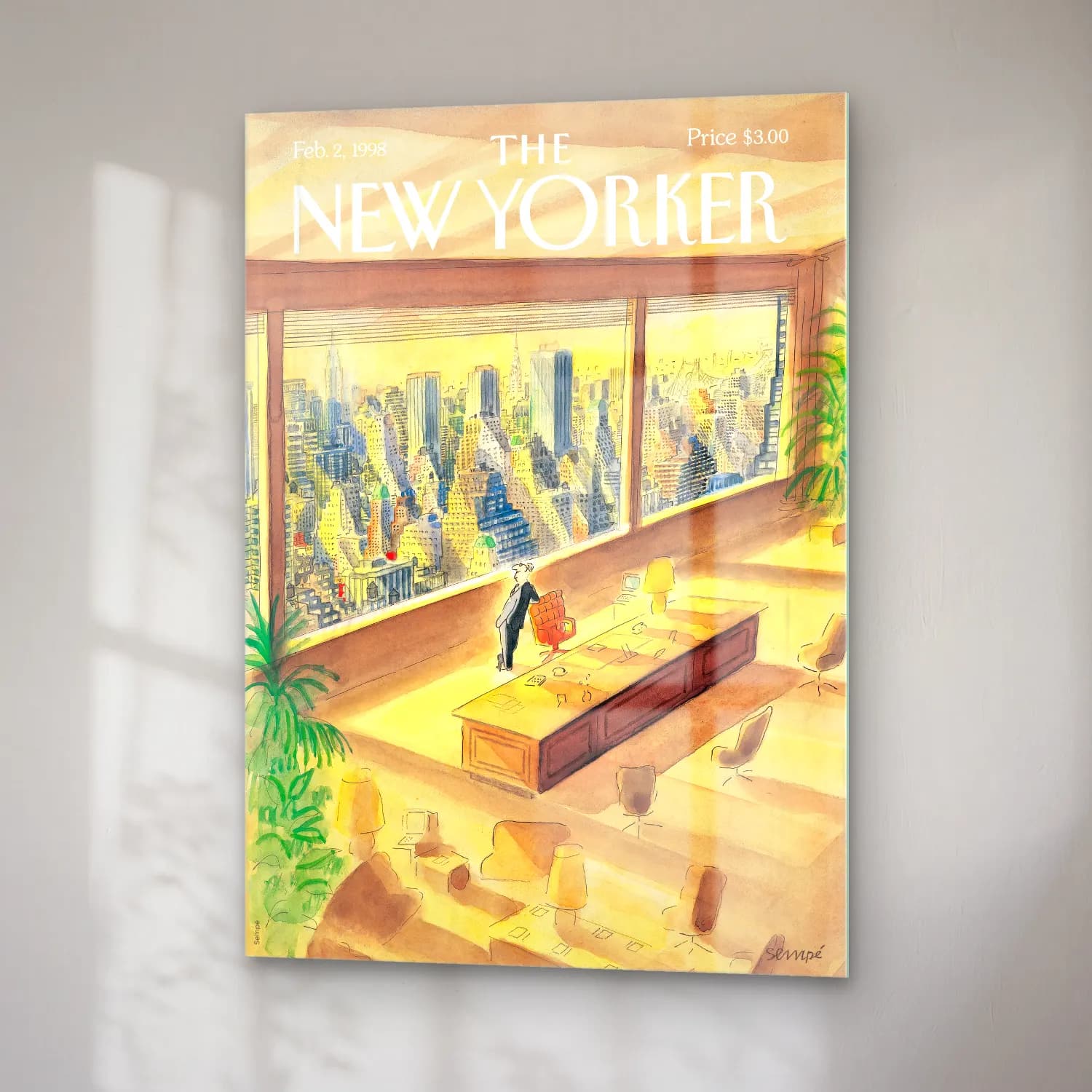 Suluboya New York Silüeti – Sarı Tonlar cam tablo — sağ açıdan görünüm