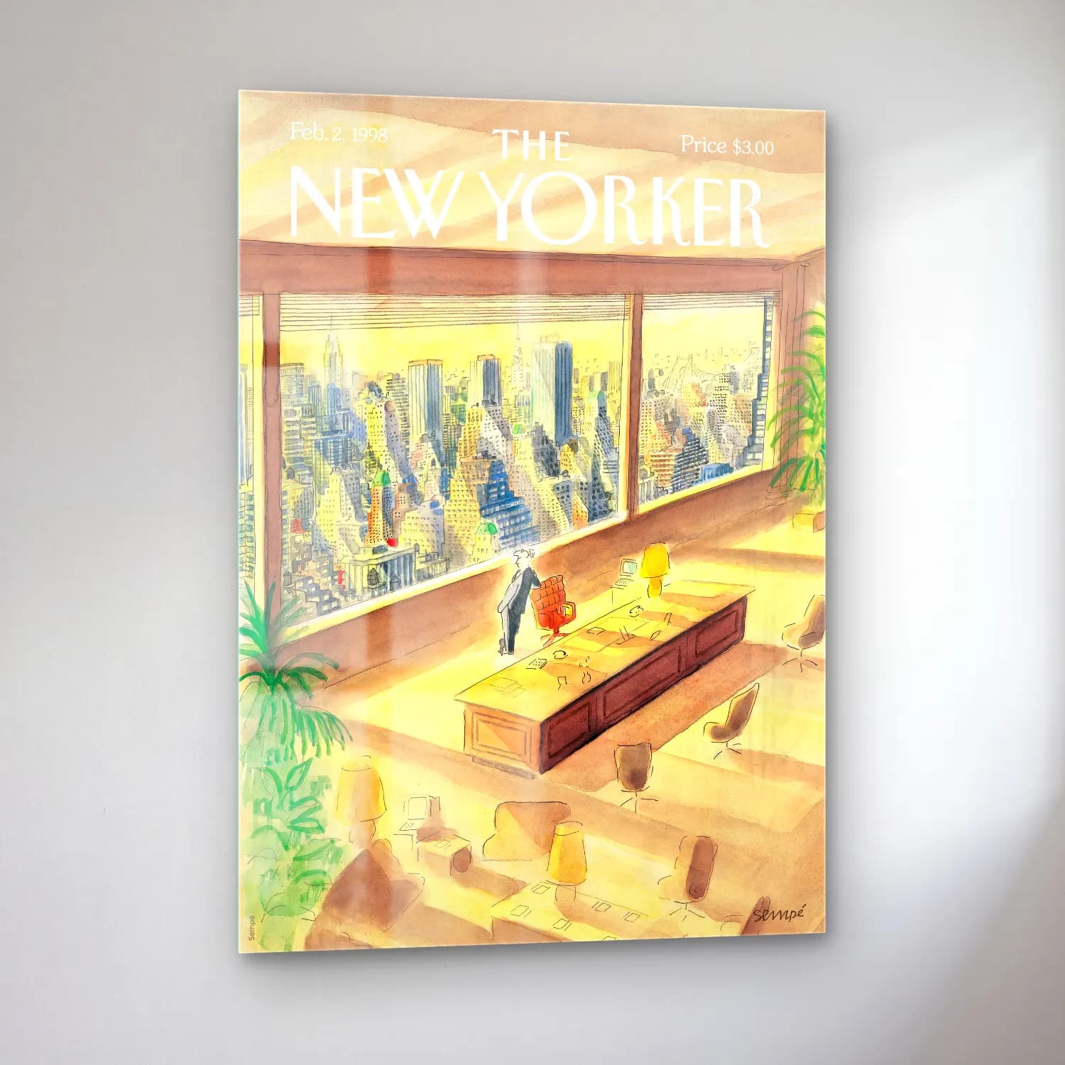 Suluboya New York Silüeti – Sarı Tonlar cam tablo — sol açıdan görünüm