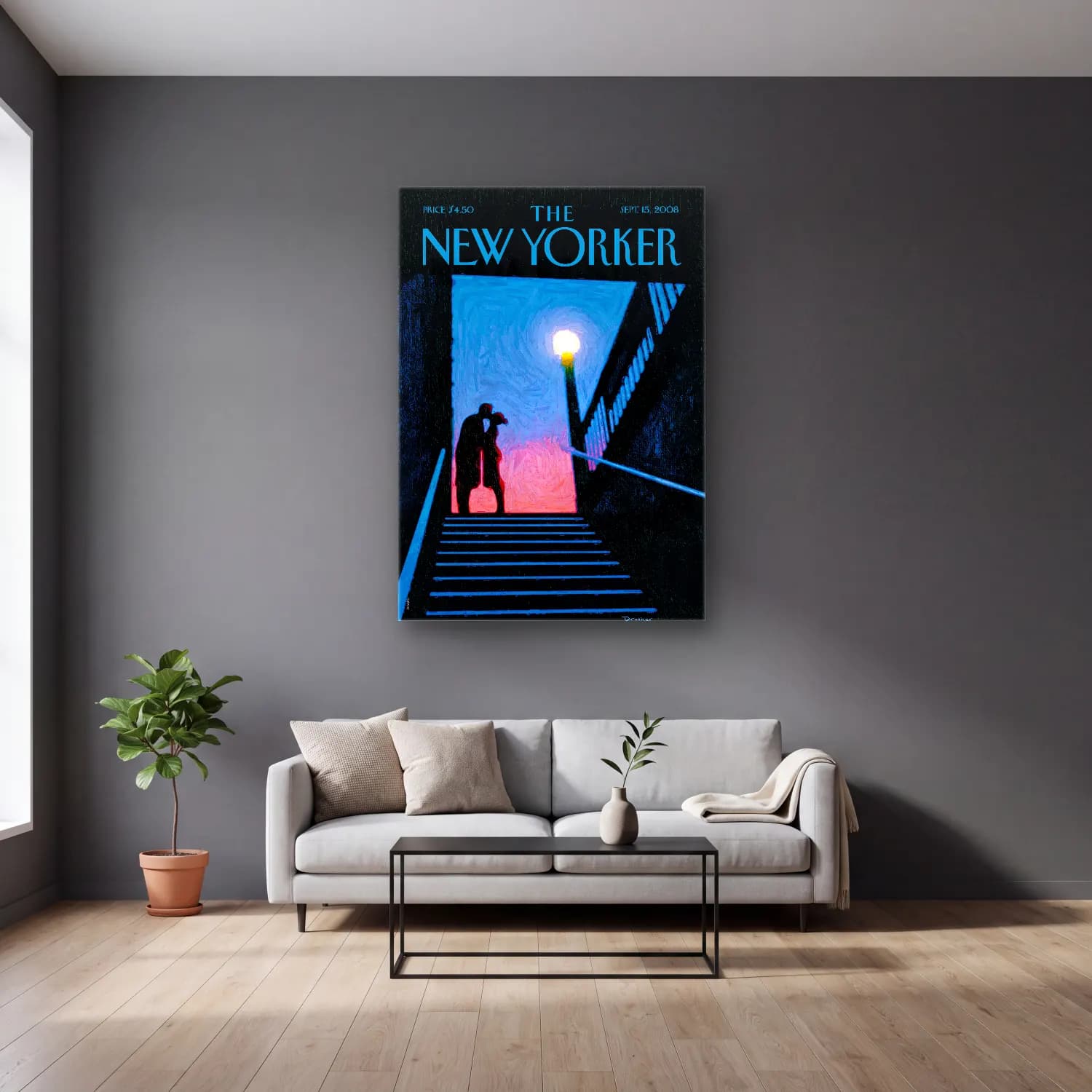 Vintage Poster Aşıklar cam tablo — gri duvarlı salonda