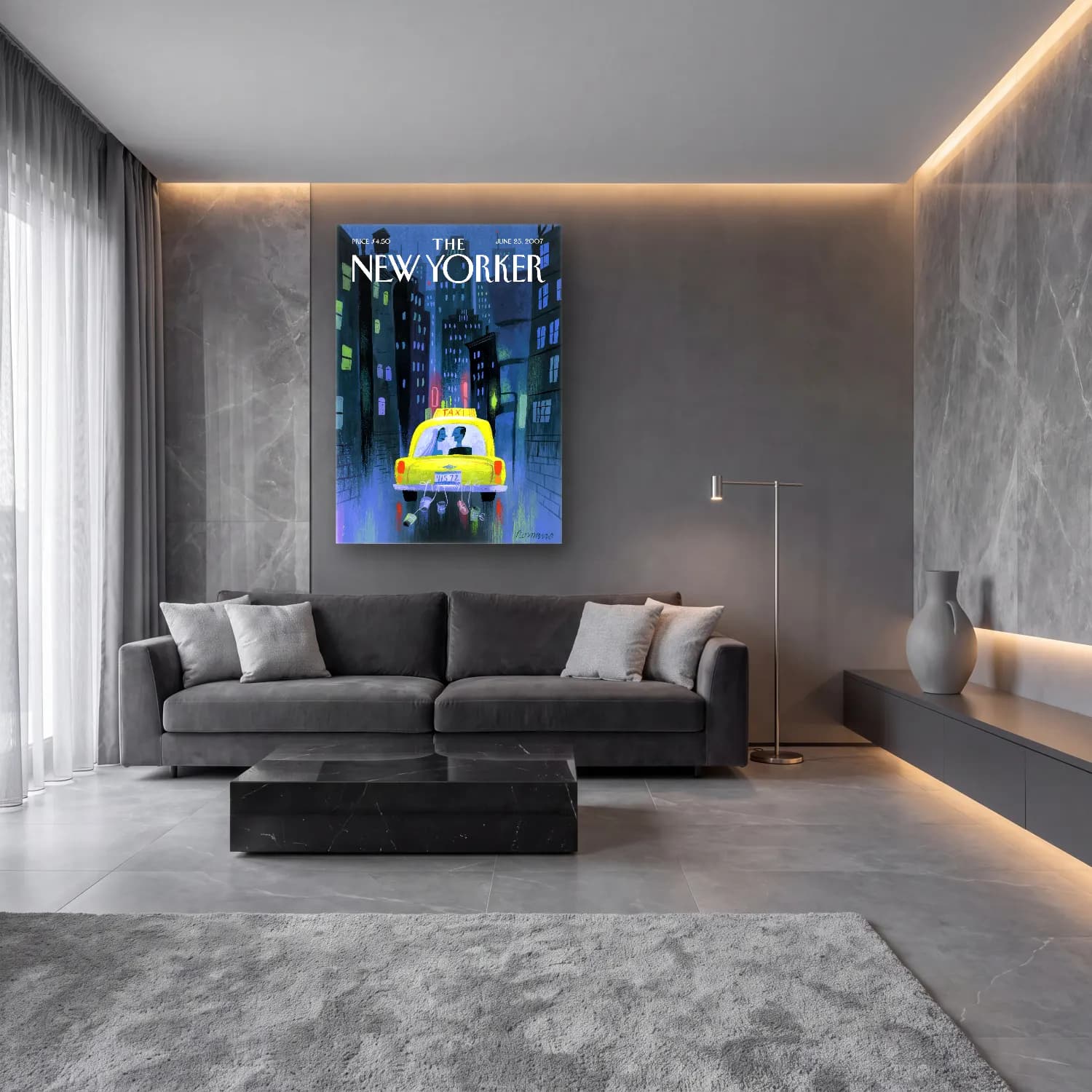 Sevimli İllüstrasyon Gece Şehir – Sarı Tonlar cam tablo — lüks salon duvarında