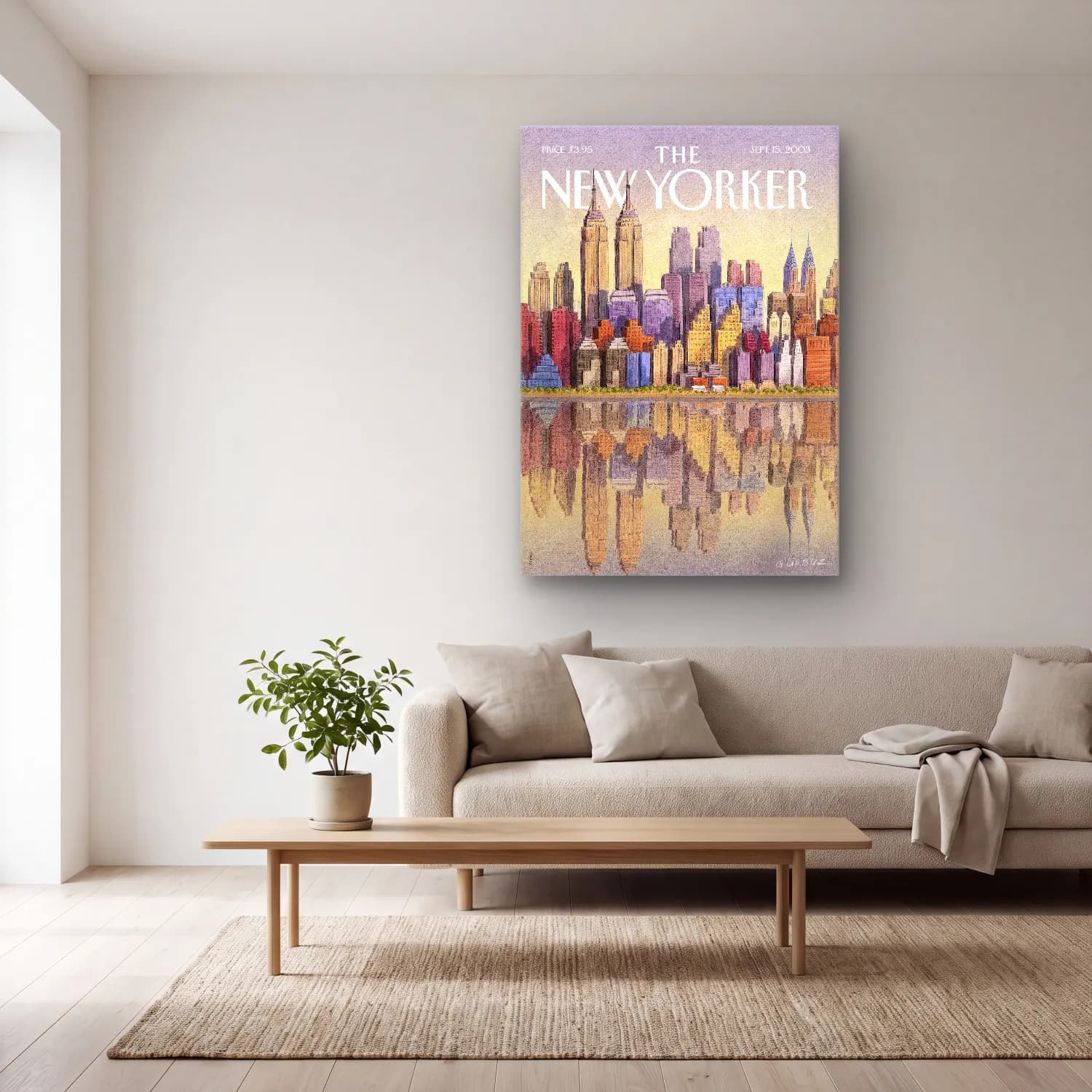 Vintage Poster New York Silüeti – Bej Tonlar cam tablo — açık renk salonda