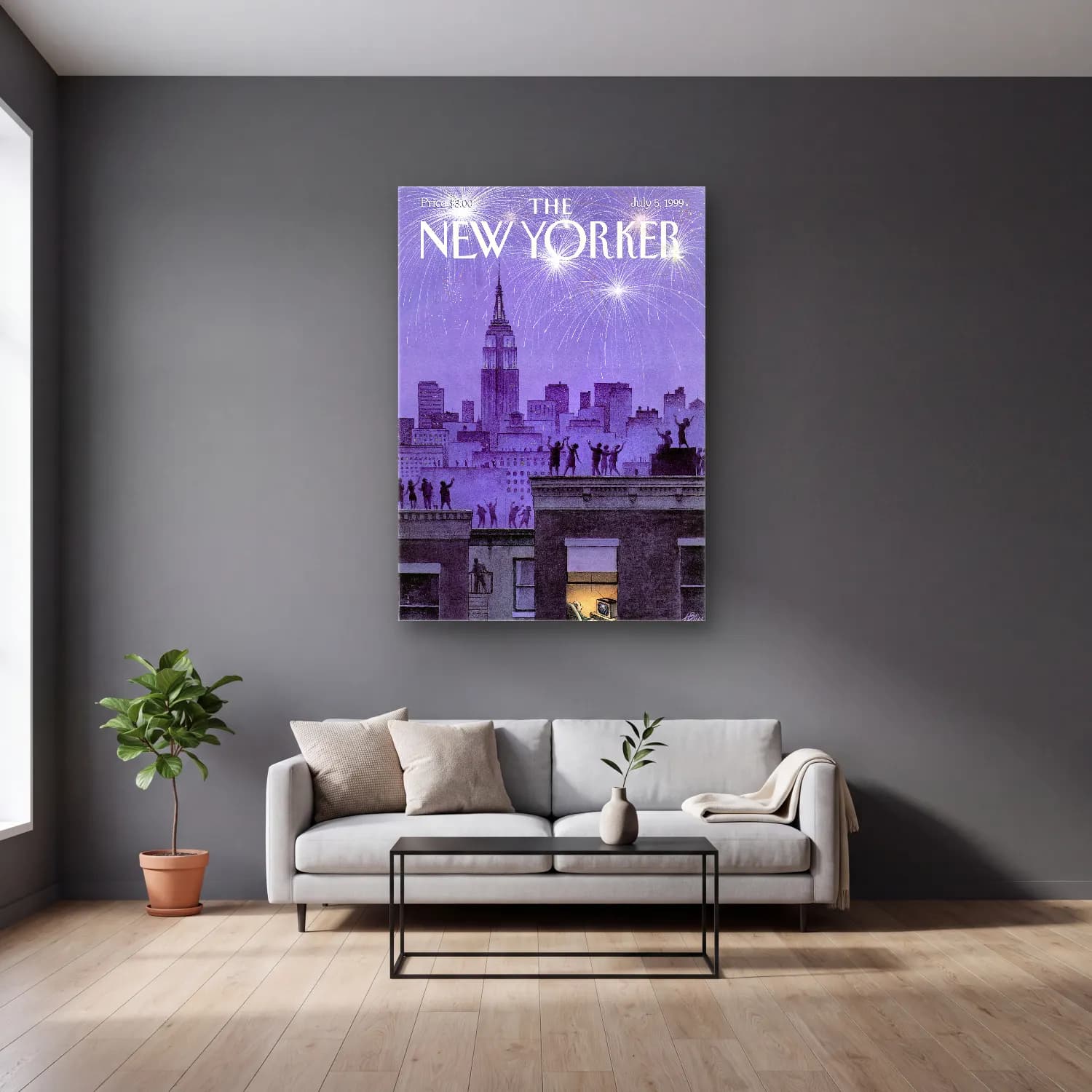 Vintage Poster New York Silüeti No. 10 cam tablo — gri duvarlı salonda