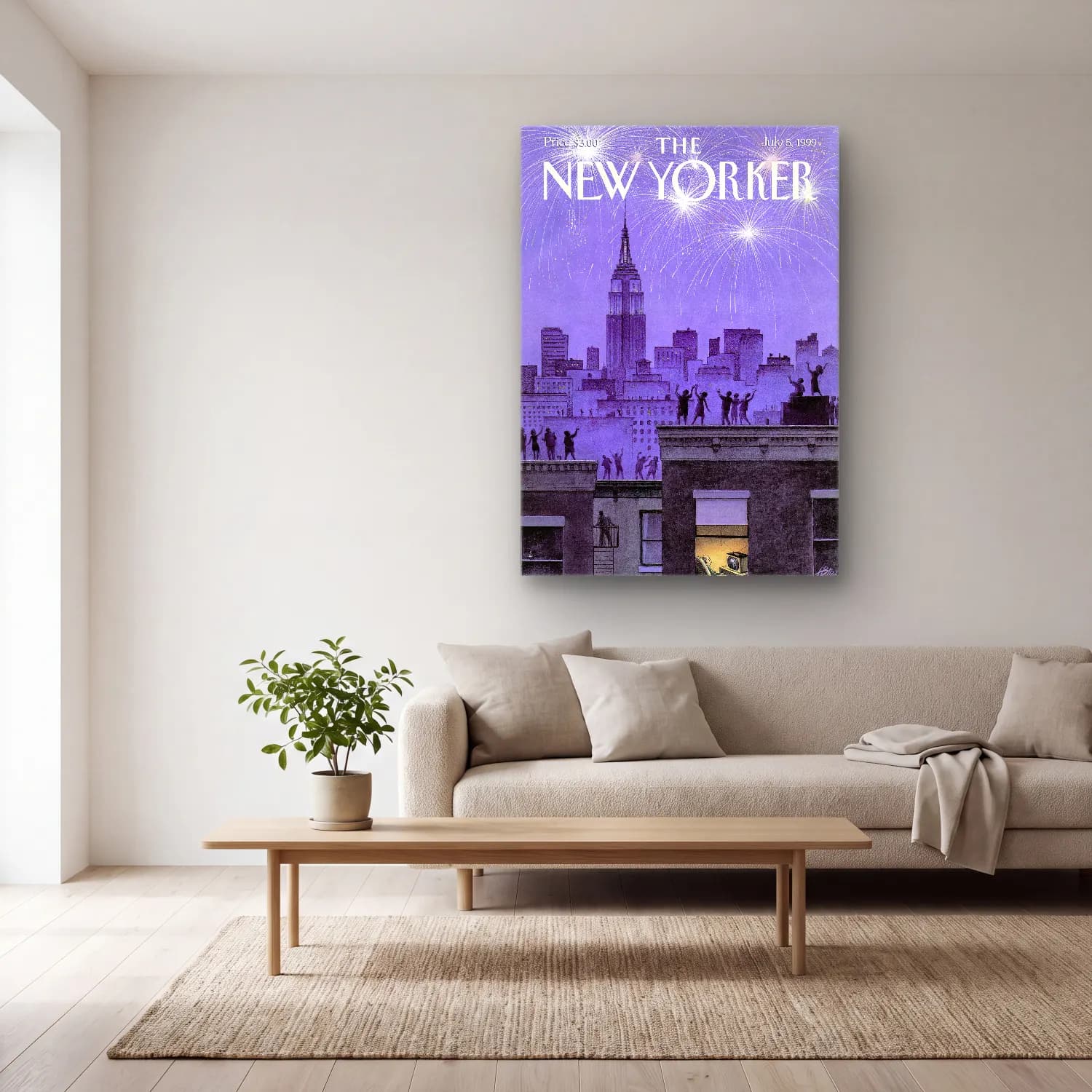 Vintage Poster New York Silüeti No. 10 cam tablo — açık renk salonda