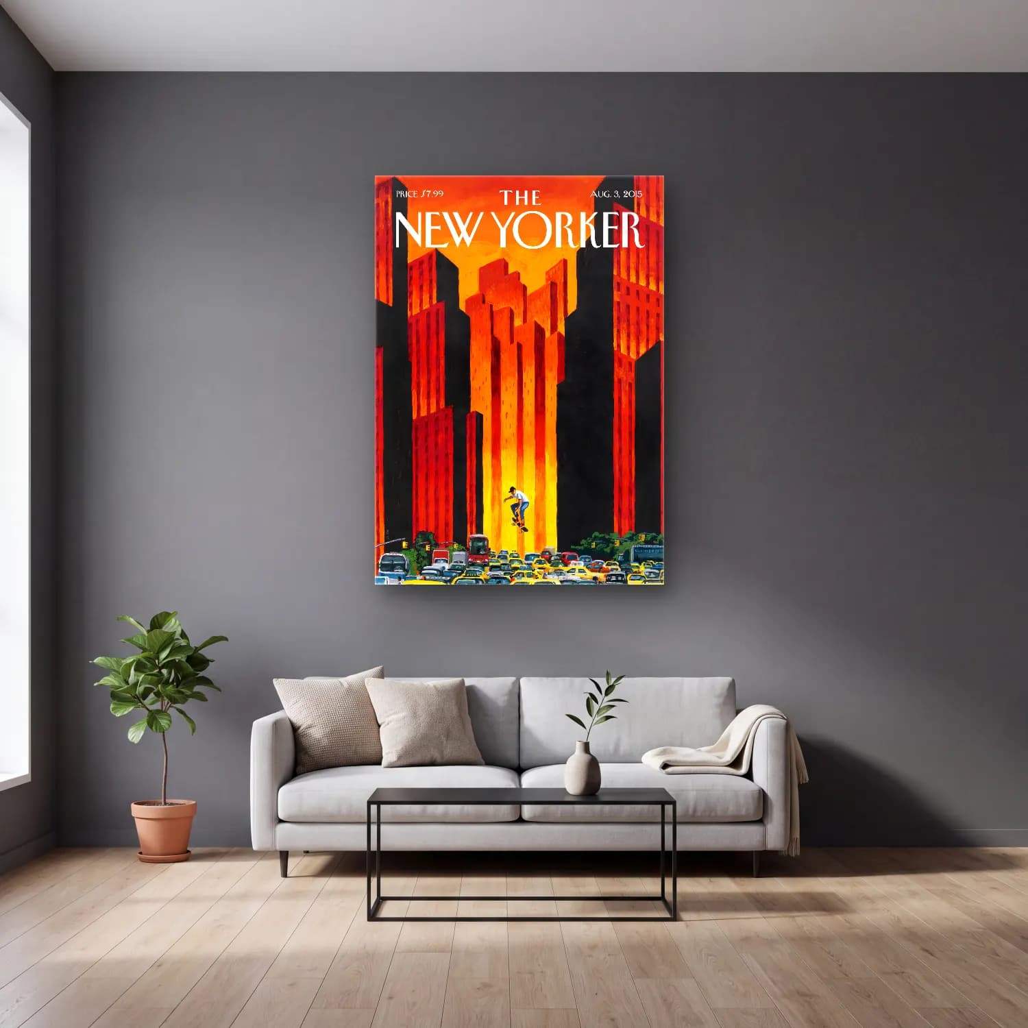 Vintage Poster New York Silüeti No. 11 cam tablo — gri duvarlı salonda
