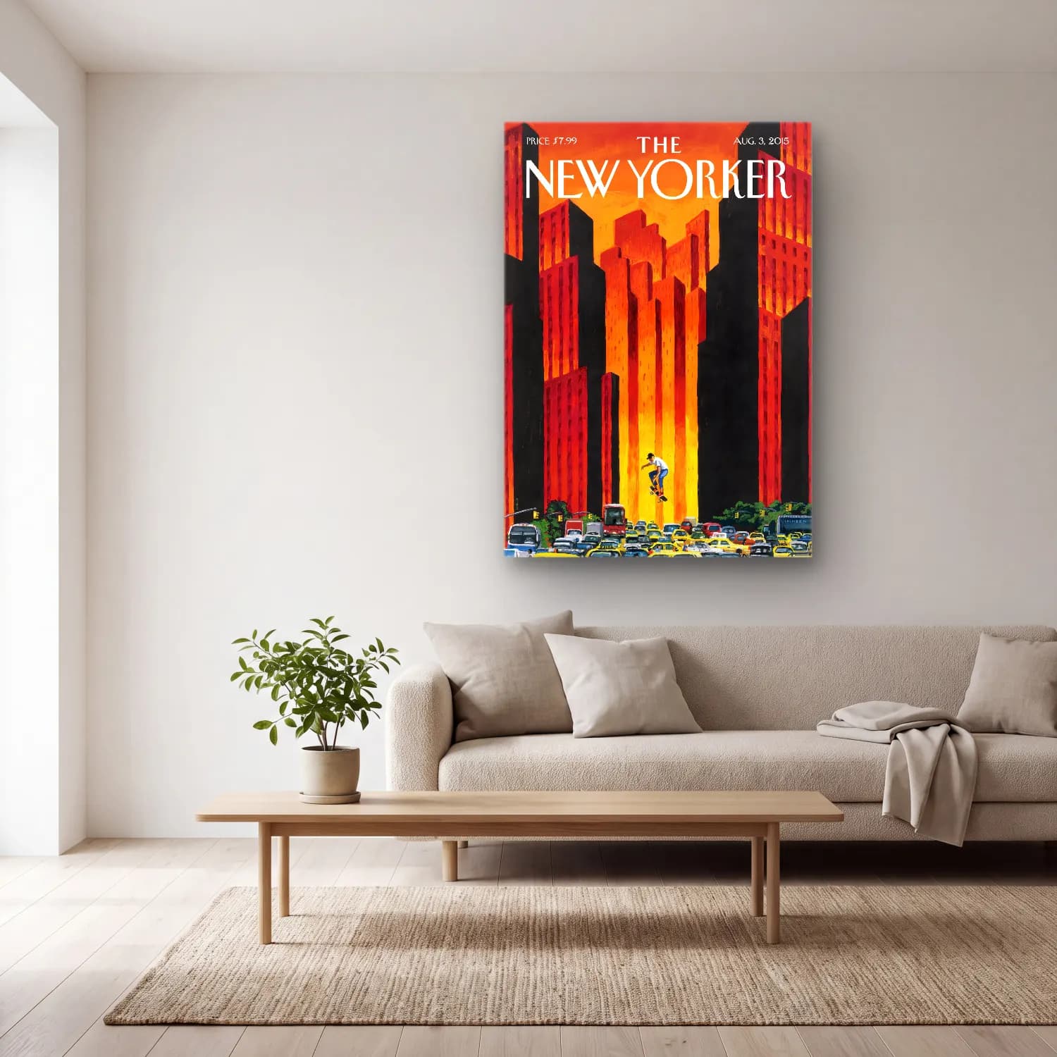Vintage Poster New York Silüeti No. 11 cam tablo — açık renk salonda