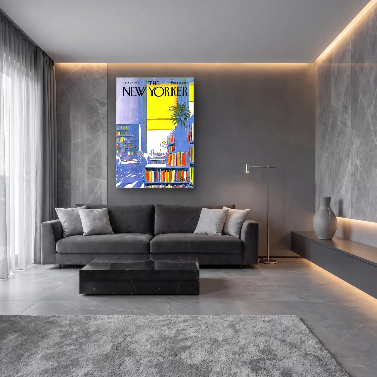 Maksimalist Kitap Okuyan Kadın cam tablo — lüks salon duvarında