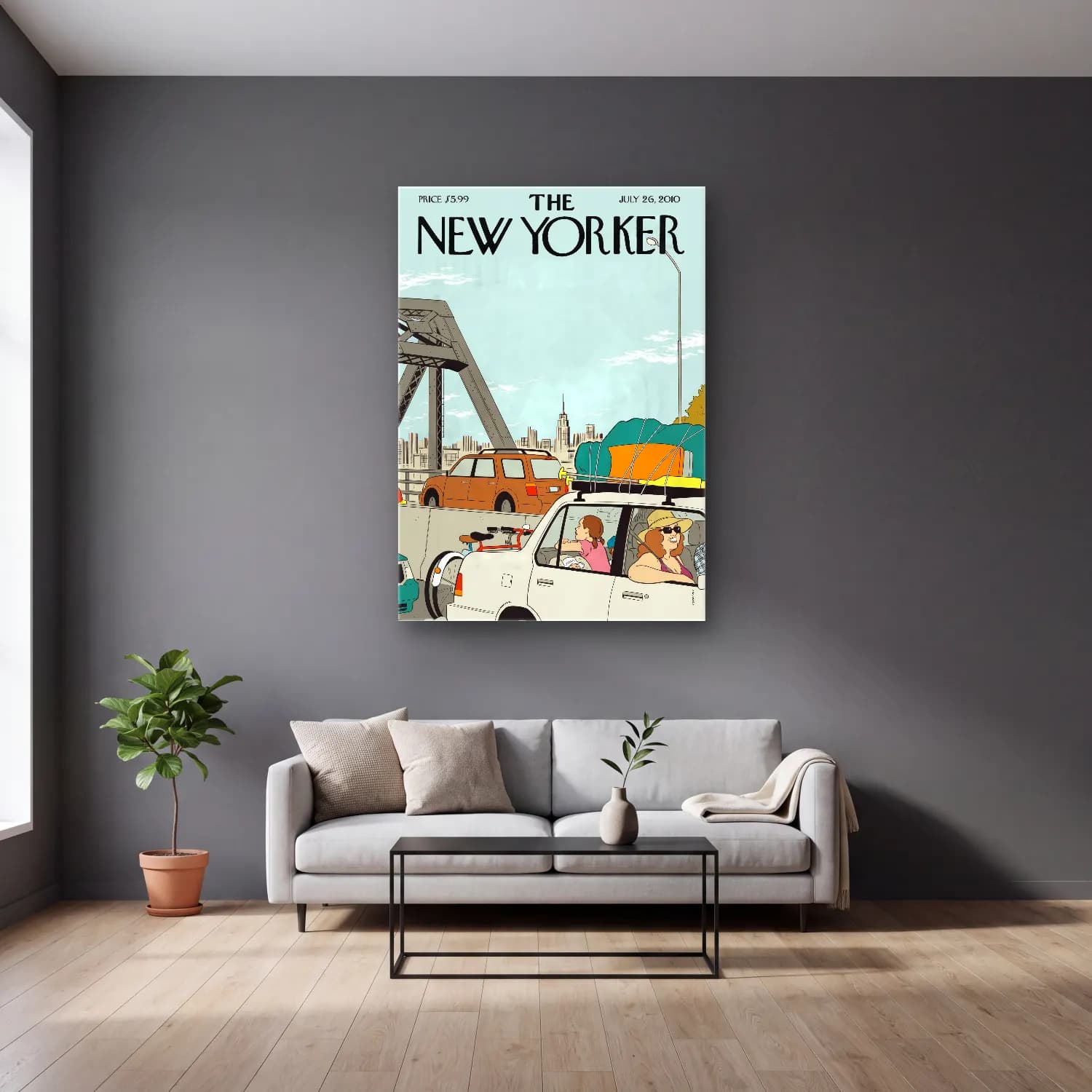 Vintage New York Silüeti – Turkuaz Tonlar cam tablo — gri duvarlı salonda