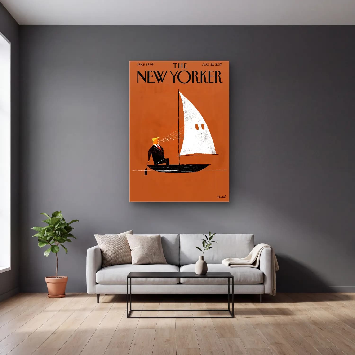 Vintage Poster Yelken Yarışı – Turuncu Tonlar cam tablo — gri duvarlı salonda