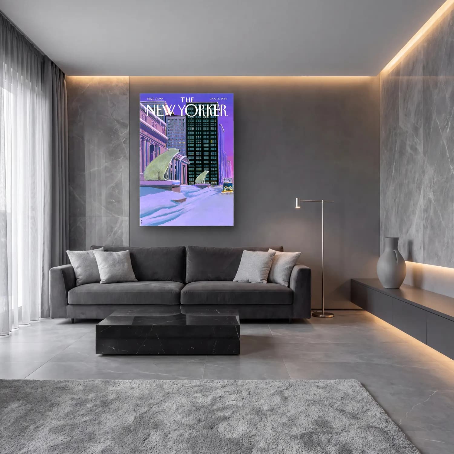 Pastel New York Silüeti cam tablo — lüks salon duvarında