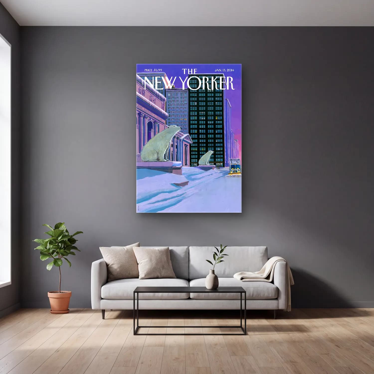Pastel New York Silüeti cam tablo — gri duvarlı salonda