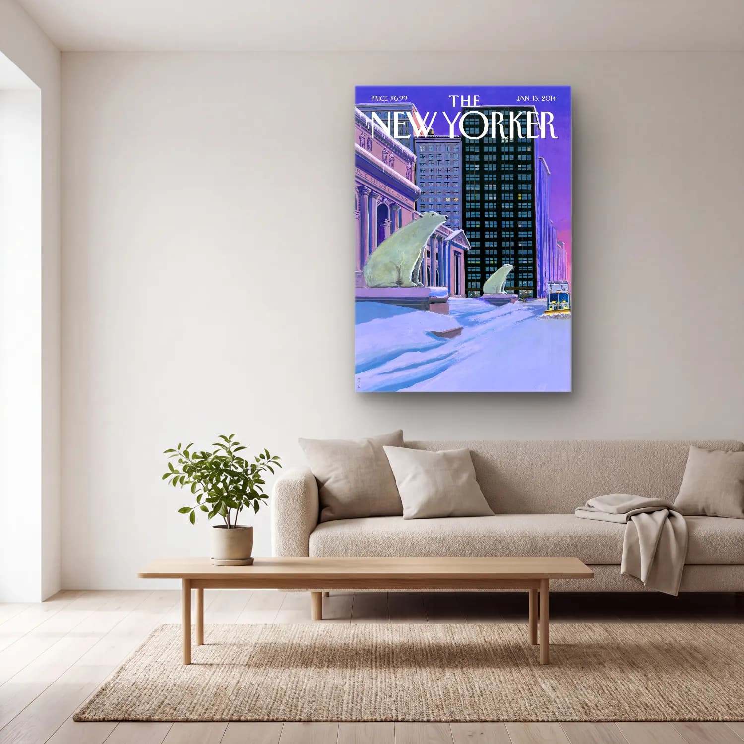 Pastel New York Silüeti cam tablo — açık renk salonda