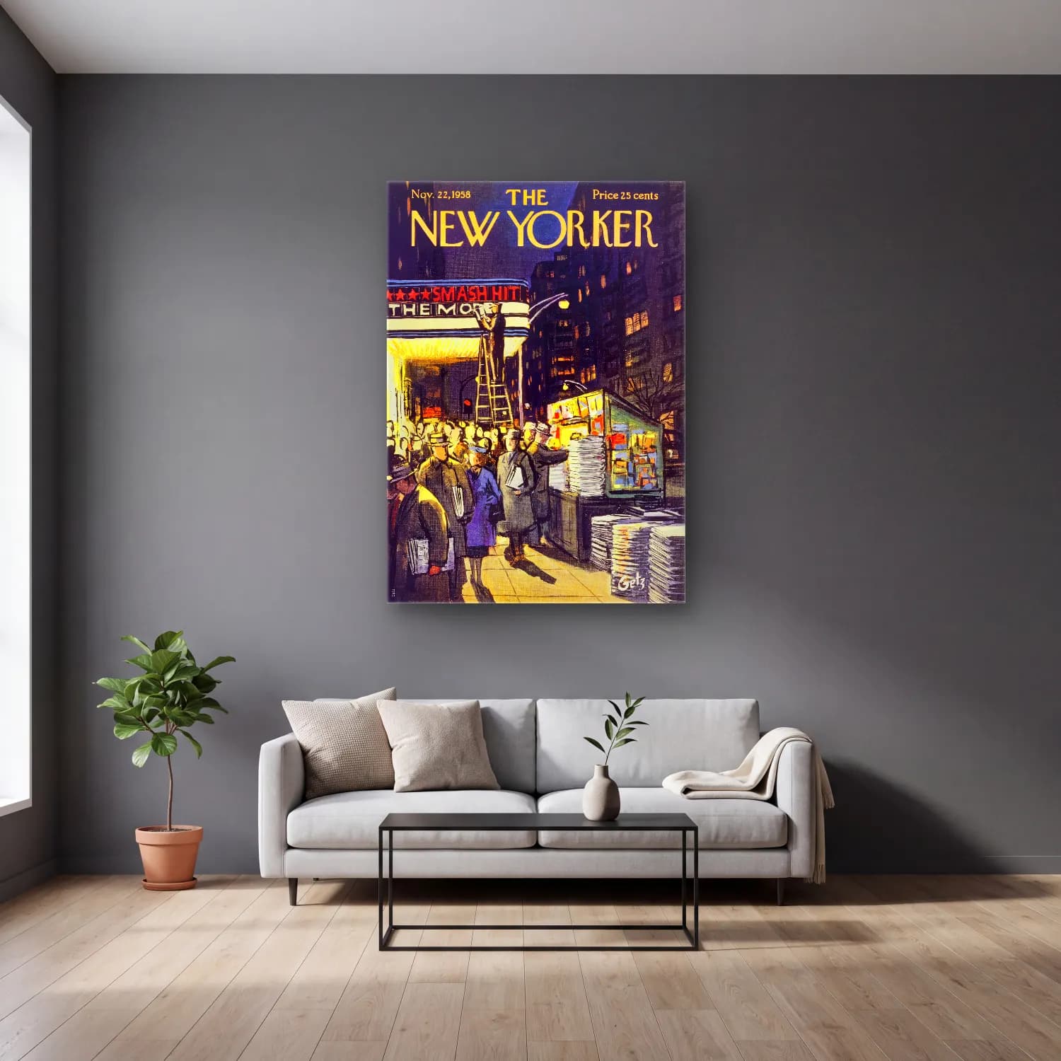Vintage Poster Kalabalık Cadde No. 10 cam tablo — gri duvarlı salonda