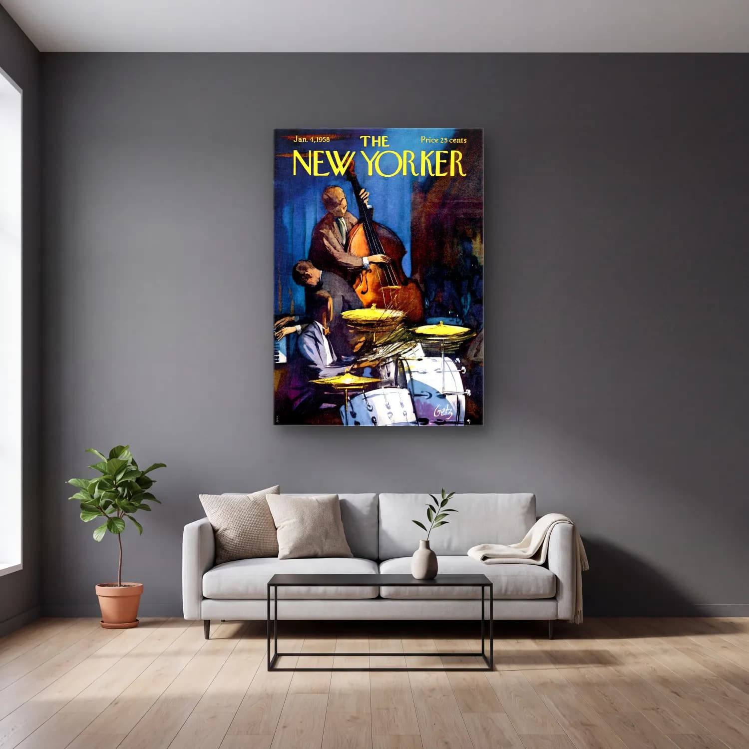 Vintage Poster Piyano cam tablo — gri duvarlı salonda