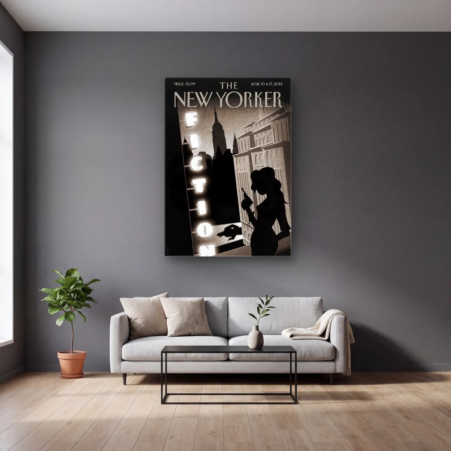 Vintage Poster Kitap Okuyan Kadın No. 4 cam tablo — gri duvarlı salonda