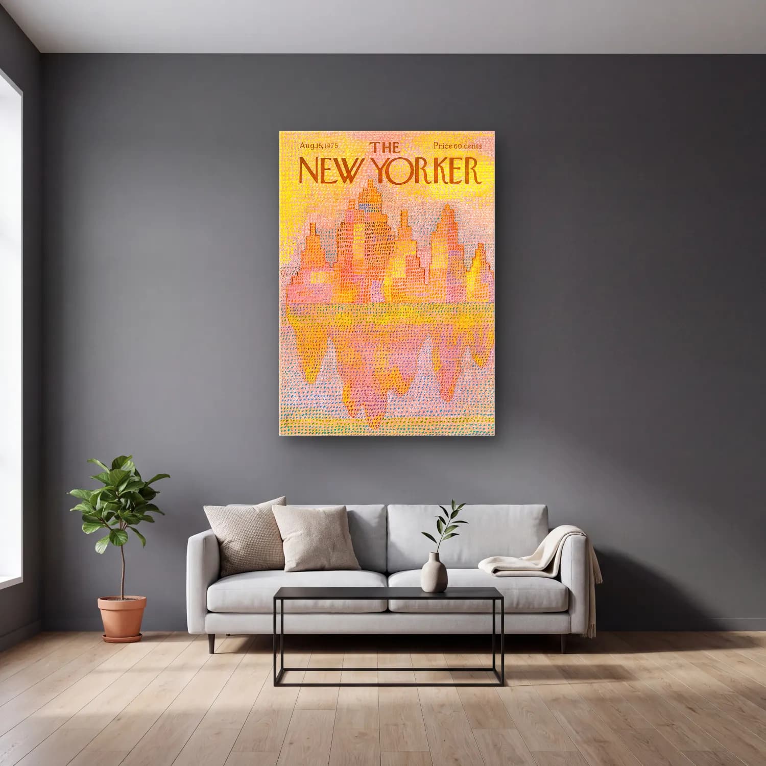 Pastel New York Silüeti – Turuncu Tonlar cam tablo — gri duvarlı salonda