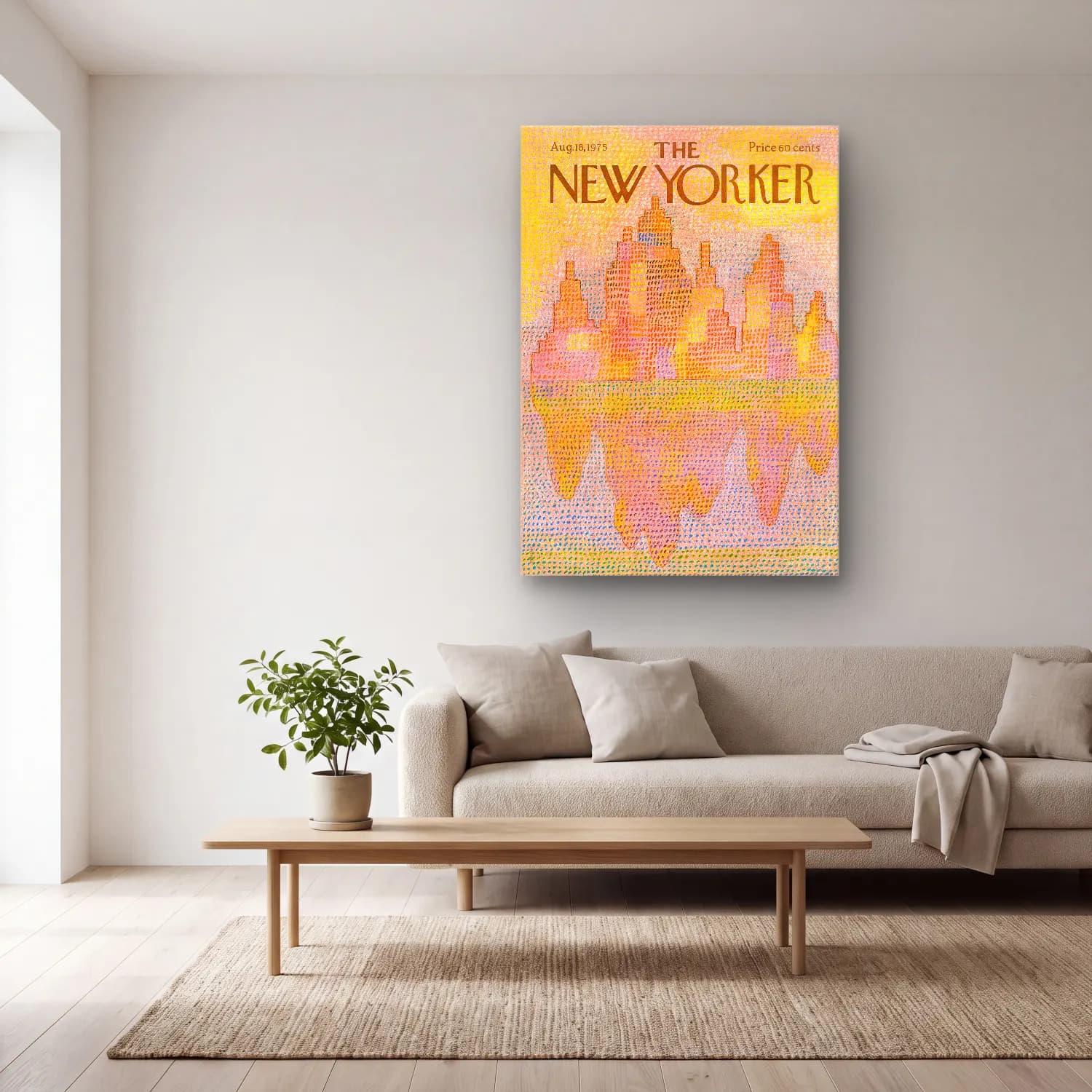 Pastel New York Silüeti – Turuncu Tonlar cam tablo — açık renk salonda