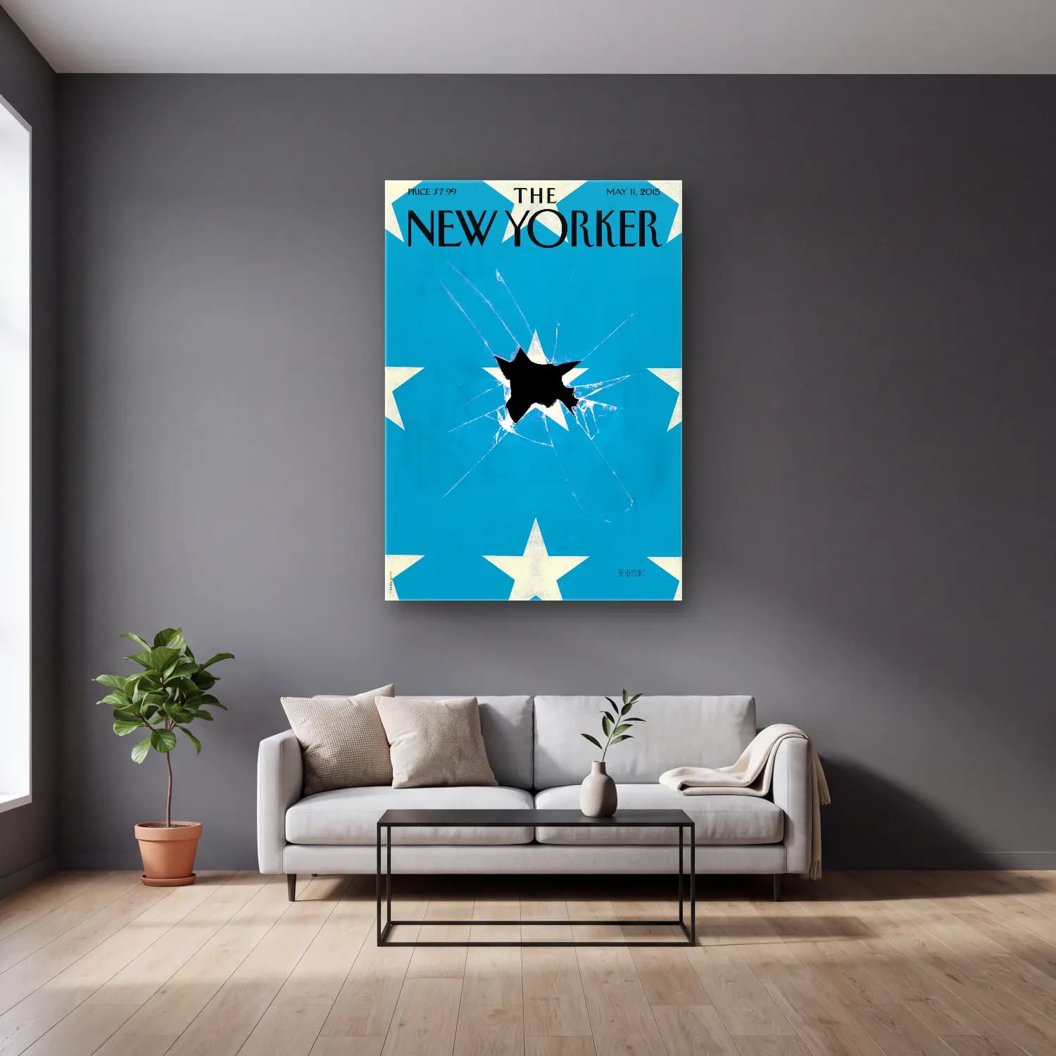 Pop Art Savaş Sahnesi cam tablo — gri duvarlı salonda