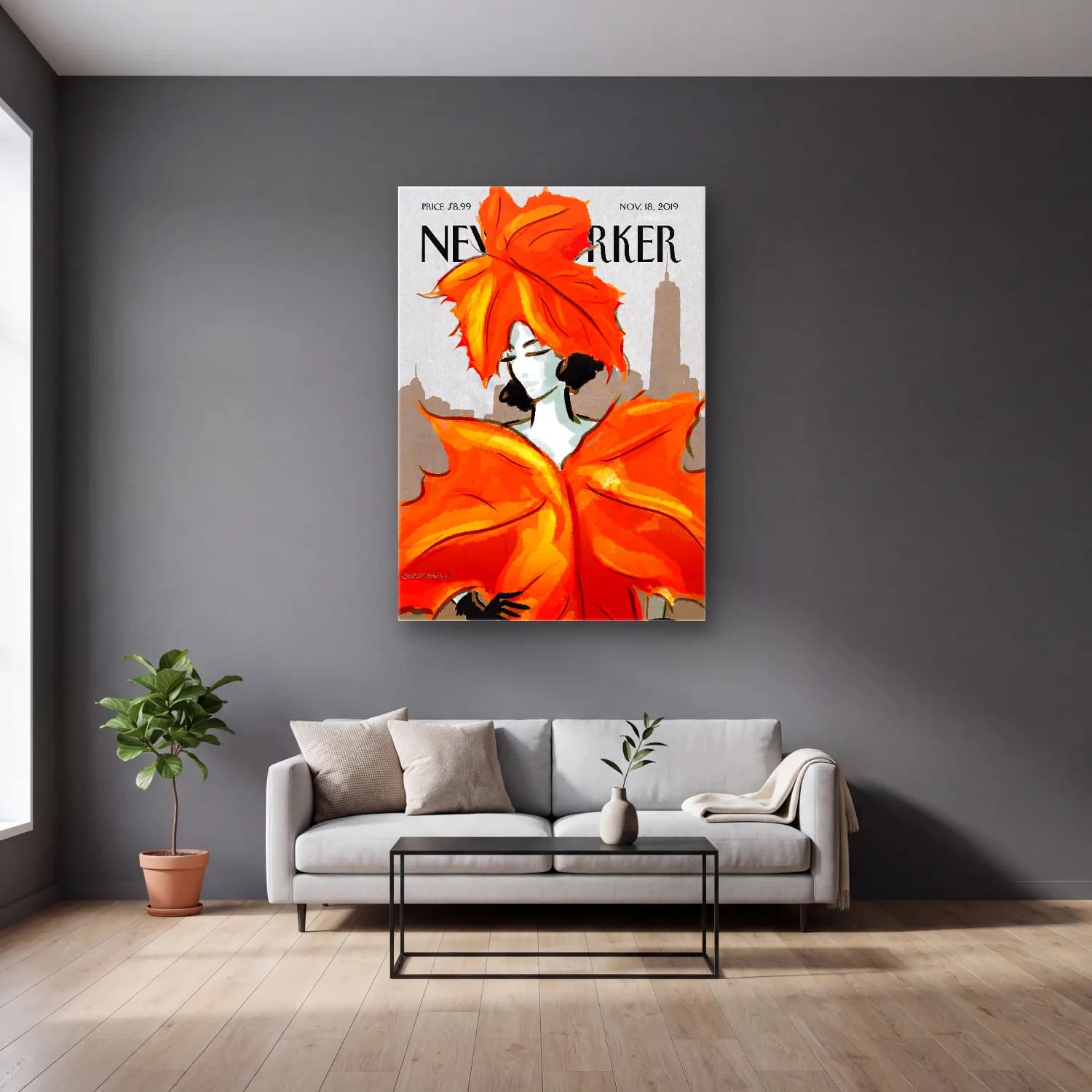 Vintage Poster Moda İllüstrasyonu – Turuncu Tonlar cam tablo — gri duvarlı salonda