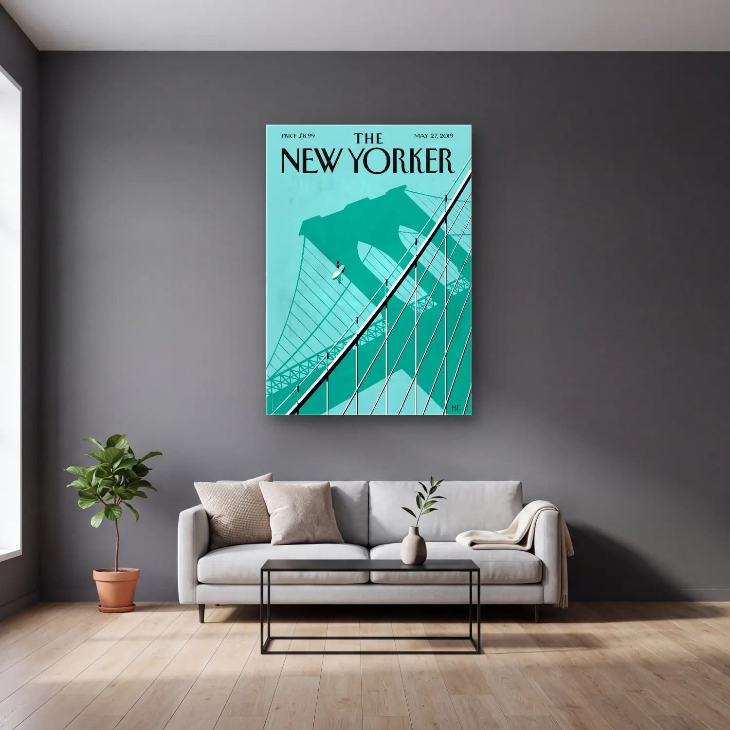 Vintage Poster Köprü cam tablo — gri duvarlı salonda