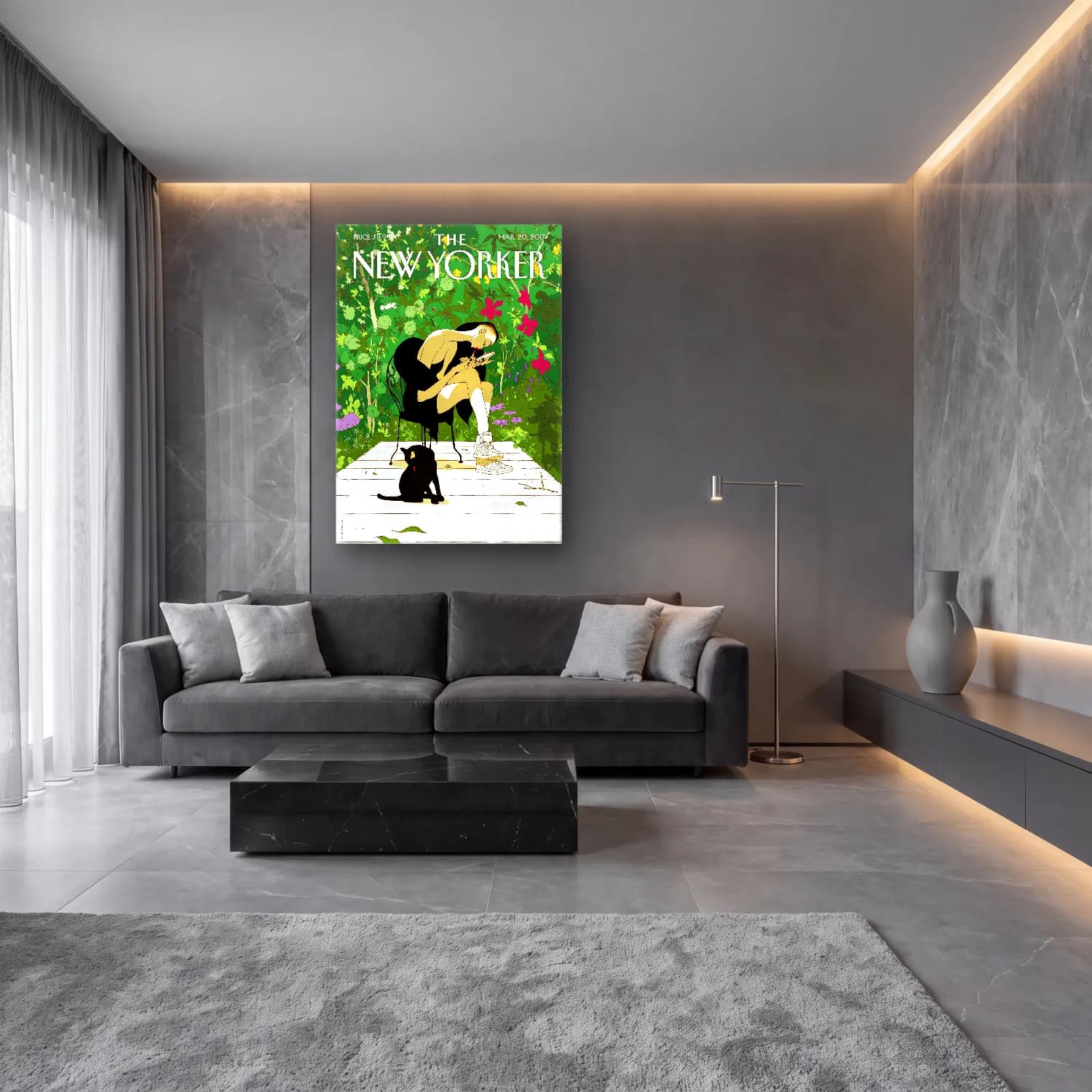 Pastel Kitap Okuyan Kadın cam tablo — lüks salon duvarında
