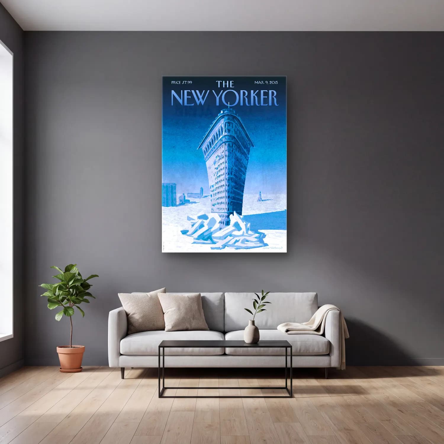 Vintage Poster New York Silüeti No. 13 cam tablo — gri duvarlı salonda