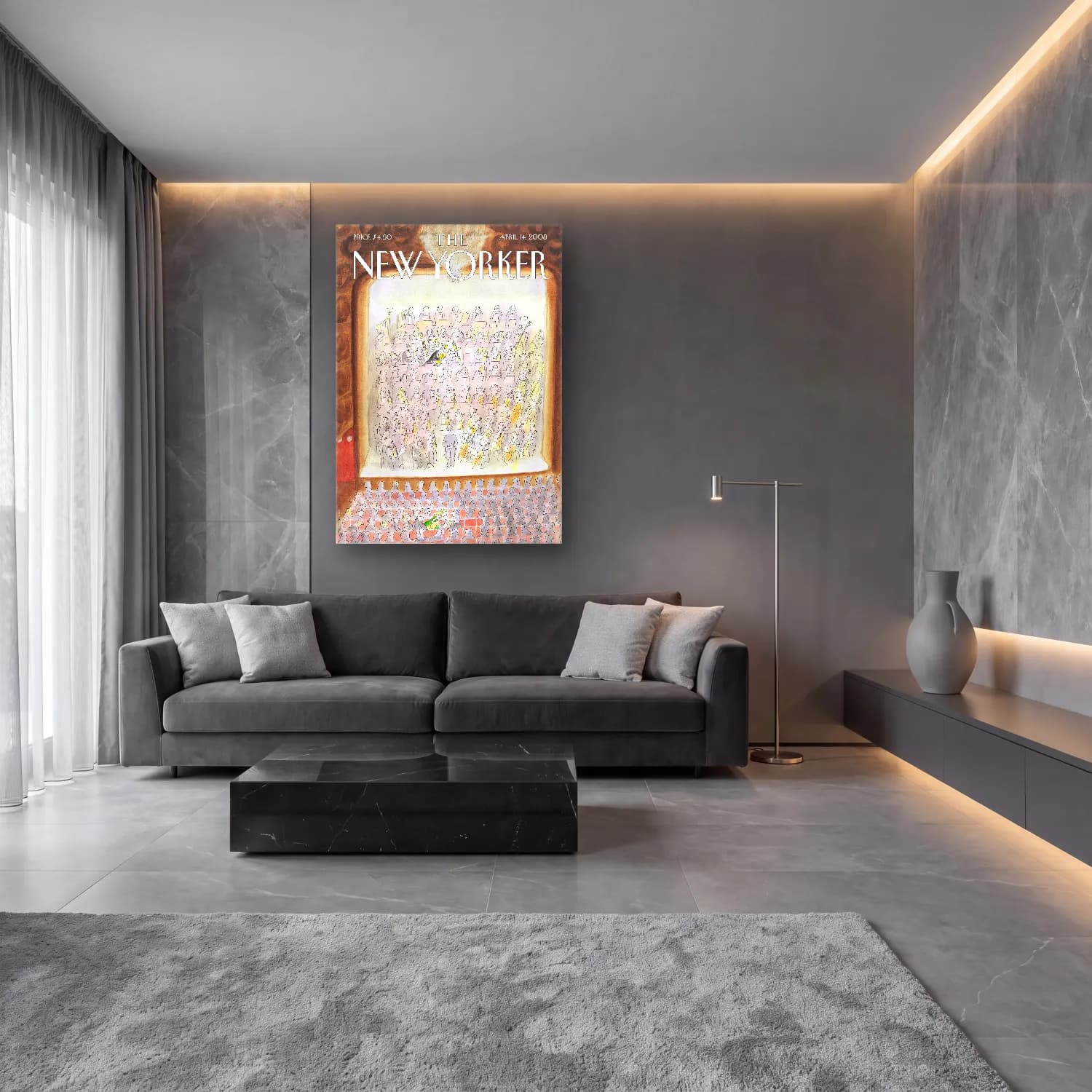 Suluboya Kalabalık Cadde No. 5 cam tablo — lüks salon duvarında