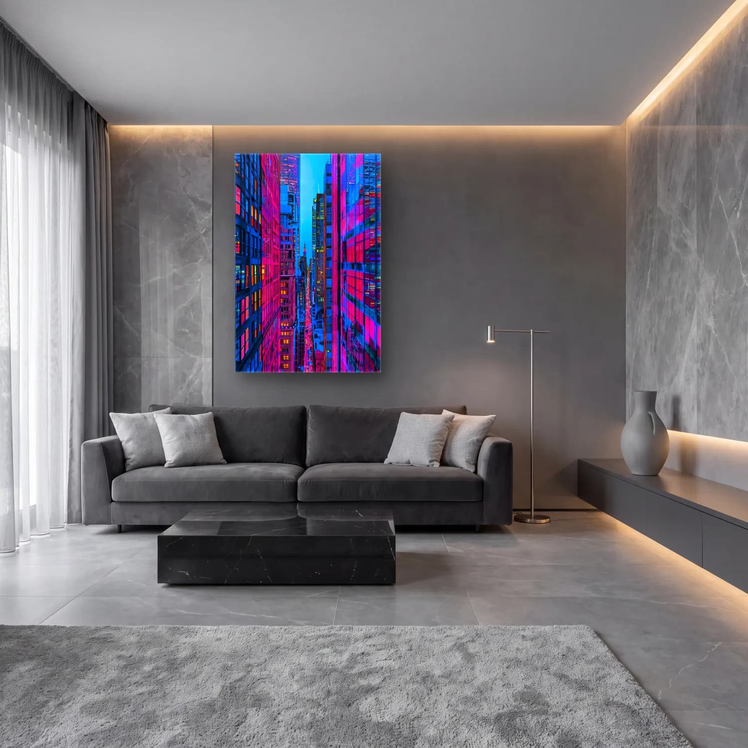 Maksimalist Gece Şehir – Pembe Tonlar cam tablo — lüks salon duvarında