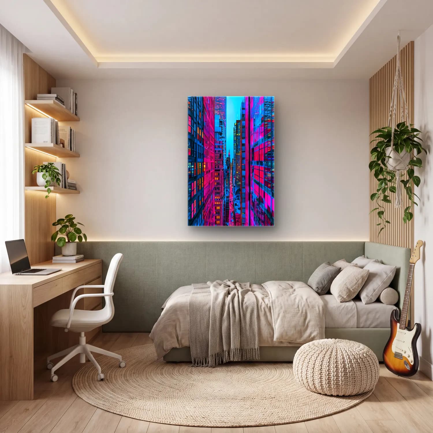 Maksimalist Gece Şehir – Pembe Tonlar cam tablo — genç odasında