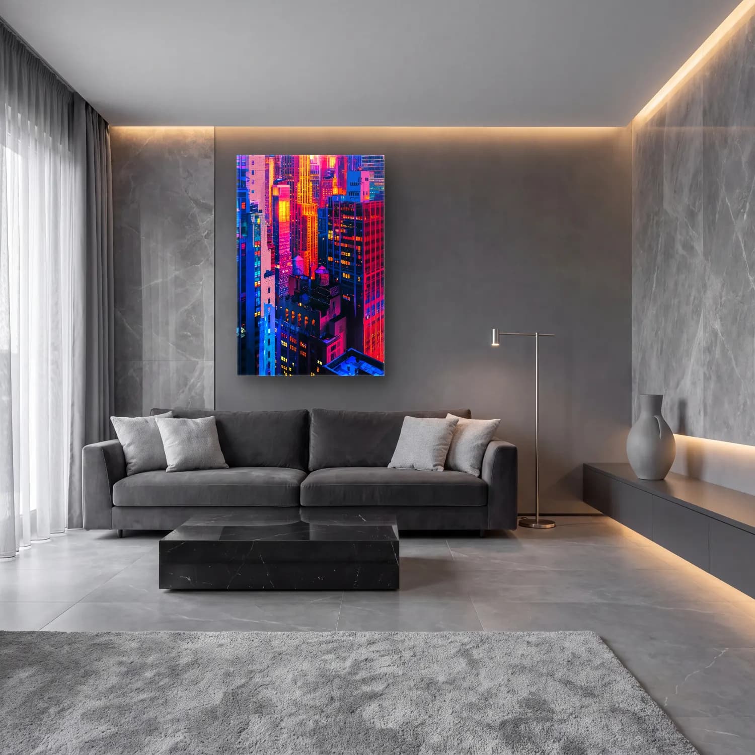 Maksimalist Gece Şehir No. 8 cam tablo — lüks salon duvarında