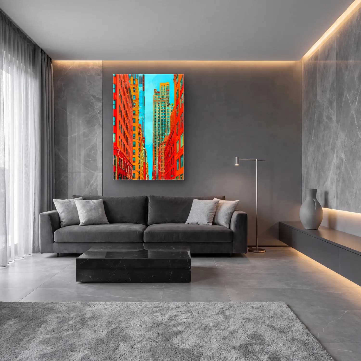 Pop Art New York Silüeti – Turuncu Tonlar cam tablo — lüks salon duvarında