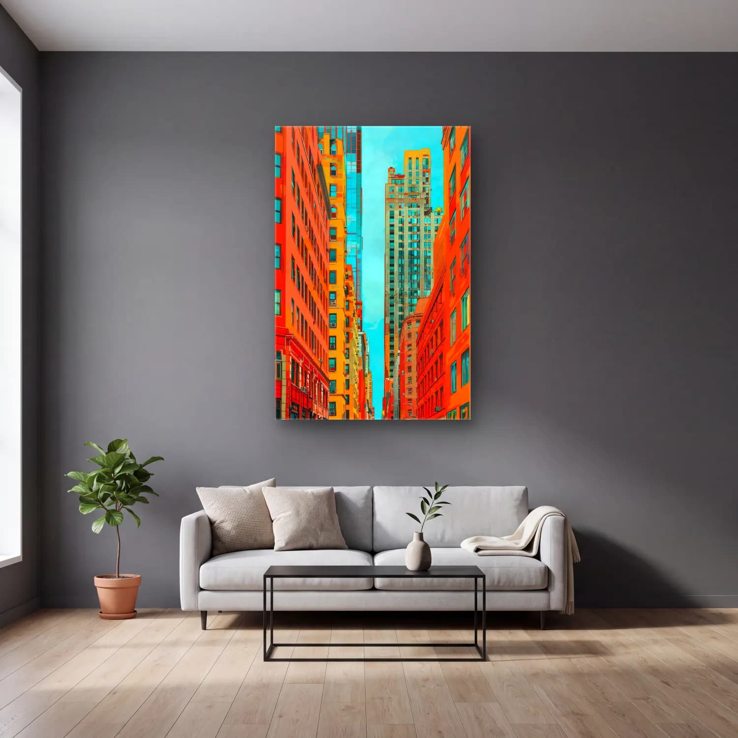 Pop Art New York Silüeti – Turuncu Tonlar cam tablo — gri duvarlı salonda