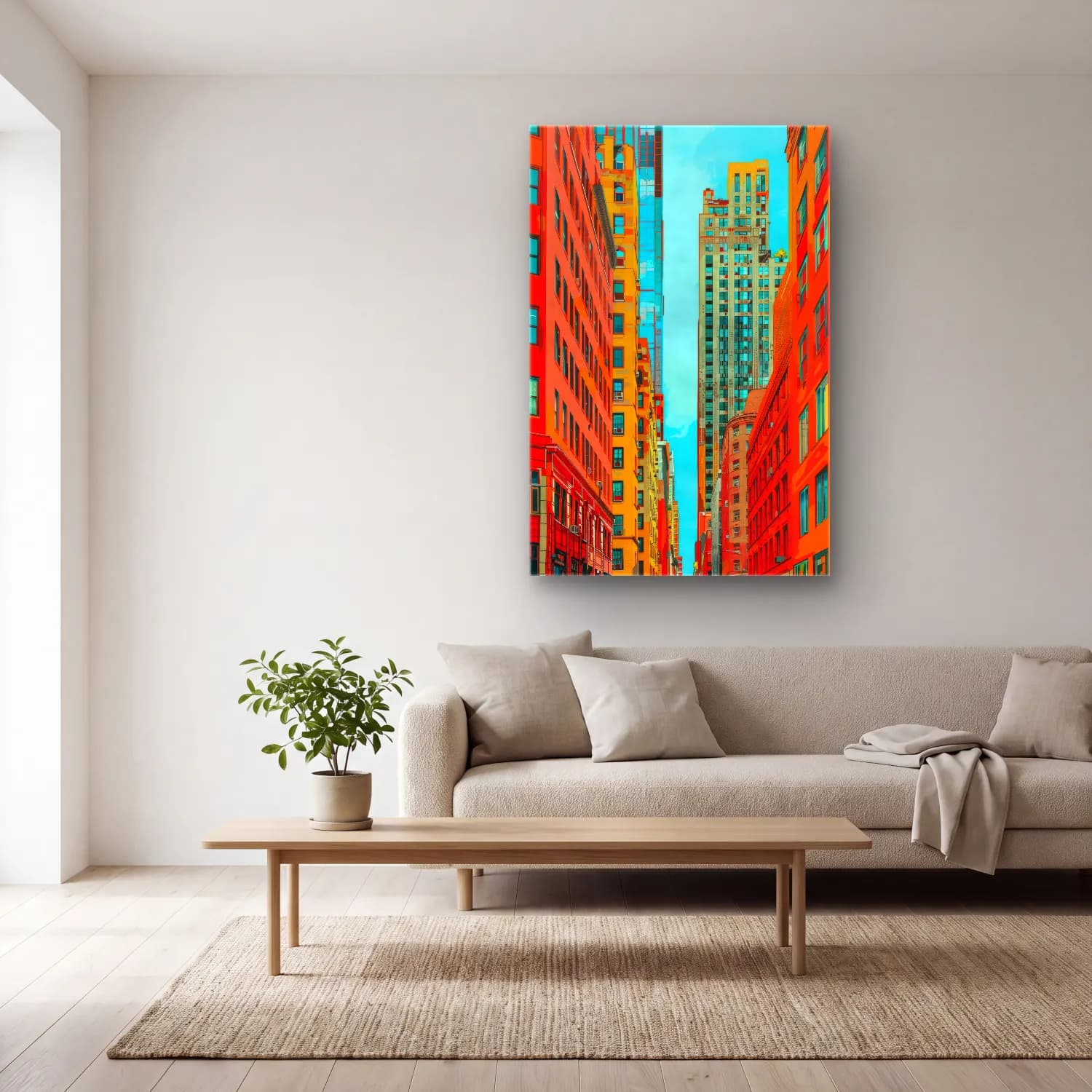 Pop Art New York Silüeti – Turuncu Tonlar cam tablo — açık renk salonda