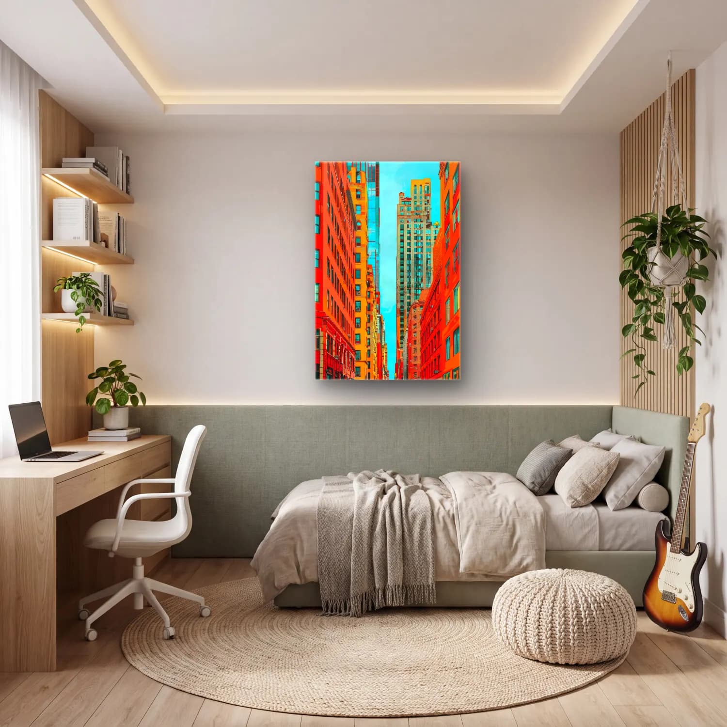 Pop Art New York Silüeti – Turuncu Tonlar cam tablo — genç odasında
